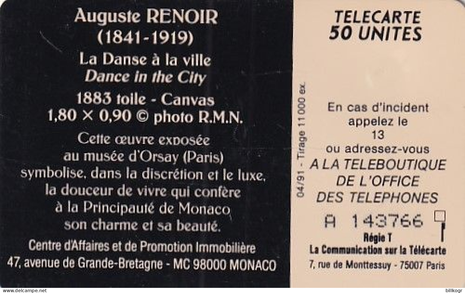 MONACO - La Danse A La Ville, Painting/Auguste Renoir, Tirage 11000, 04/91, Used - Mónaco