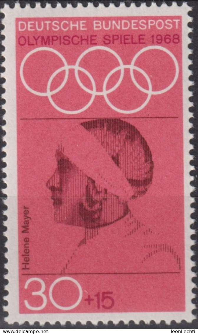 1968 Deutschland > BRD, ** Mi:DE 564, Sn:DE B436, Yt:DE 429,Helene Mayer, Olympische Sommerspiele 1968 - Mexiko-Stadt - Sommer 1968: Mexico