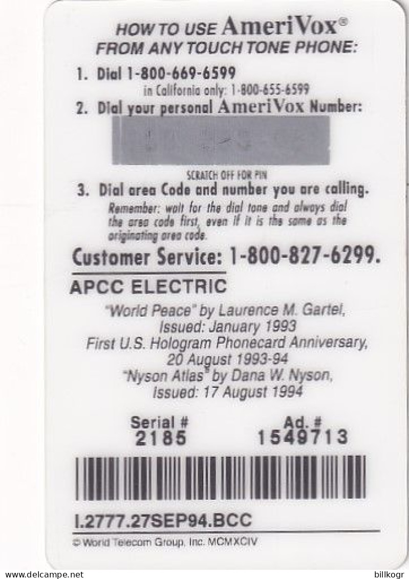 USA - APCC(Amerivox Phonecard Collector Club), Amerivox Prepaid Card $7, Tirage 2777, 09/94, Mint - Amerivox