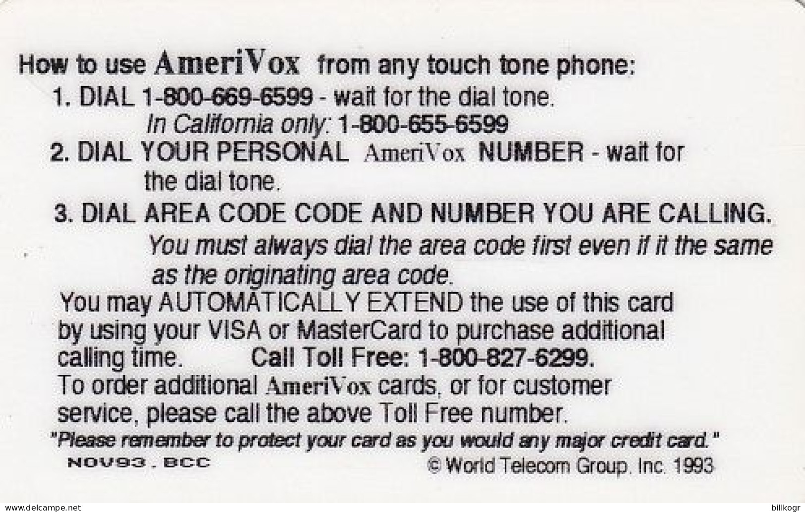 USA - Eagle & American Flag, Amerivox Promotion Prepaid Card(5 Min), Tirage 30000, 12/93, Sample - Amerivox