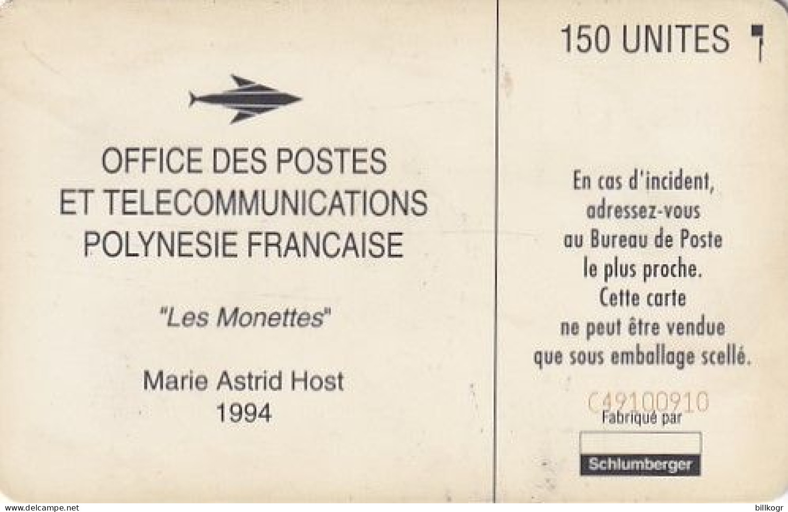 FRENCH POLYNESIA - Les Monettes, Painting/Marie Astrid Host, CN : C49100910, Tirage %20000, 08/94, Used - Polinesia Francesa