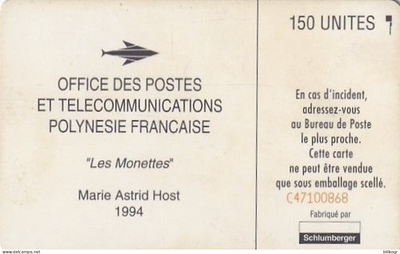 FRENCH POLYNESIA - Les Monettes, Painting/Marie Astrid Host, CN : C47100868, Tirage %20000, 08/94, Used - Polinesia Francese