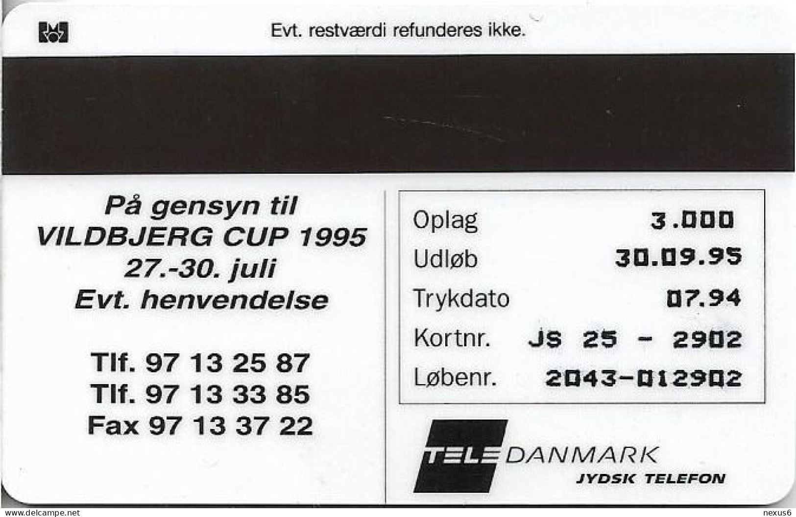 Denmark - Jydsk - Vildbjerg Cup 1994 - TDJS025 - 07.1994, 20kr, 3.000ex, Used - Denemarken