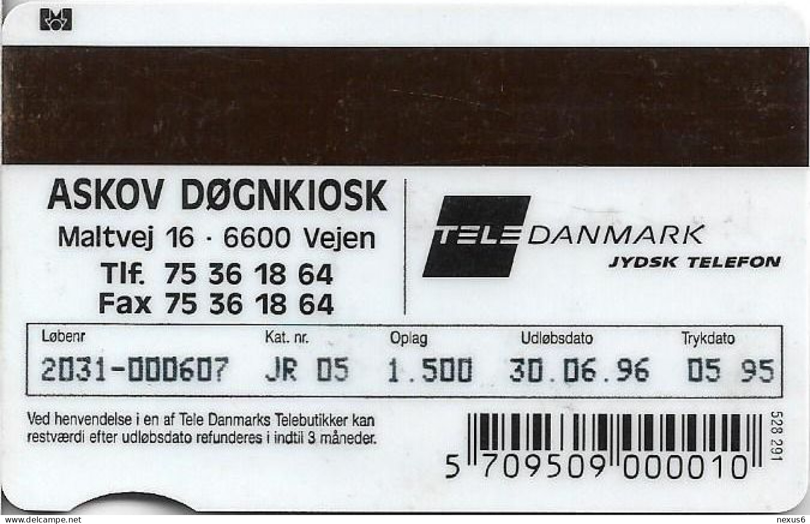 Denmark - Jydsk - Aaskov Doegnkiosk - TDJR005 - 05.1995,  (Serial 2031) 20kr, 1.500ex, Used - Danemark