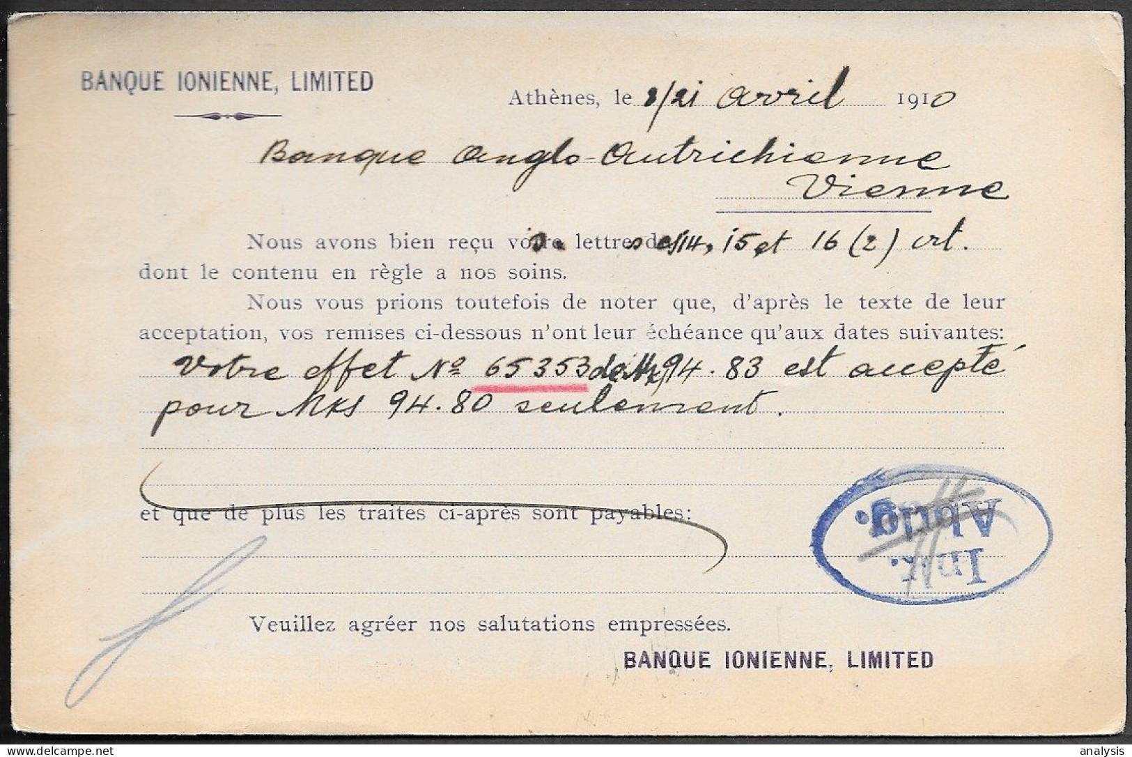 Greece Banque Ionienne 10L Postal Stationery Card Mailed To Austria 1910. Printed Text - Enteros Postales