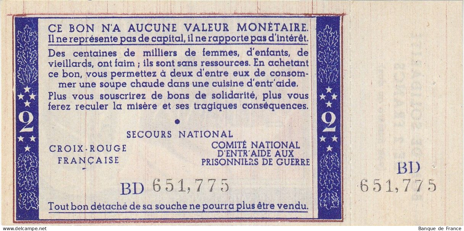 Bon De Solidarité France 2 Francs - Pétain 1941 / 1942 KL.03 NEUF Avec Souche Série BD - Buoni & Necessità