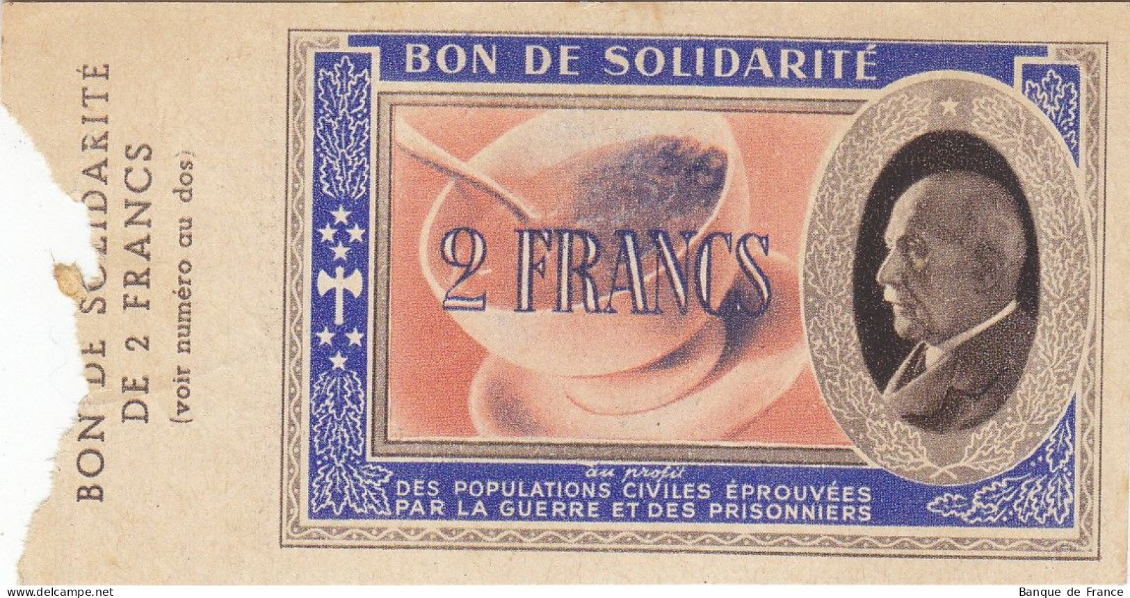 Bon De Solidarité France 2 Francs - Pétain 1941 / 1942 KL.03 NEUF Avec Souche - Notgeld