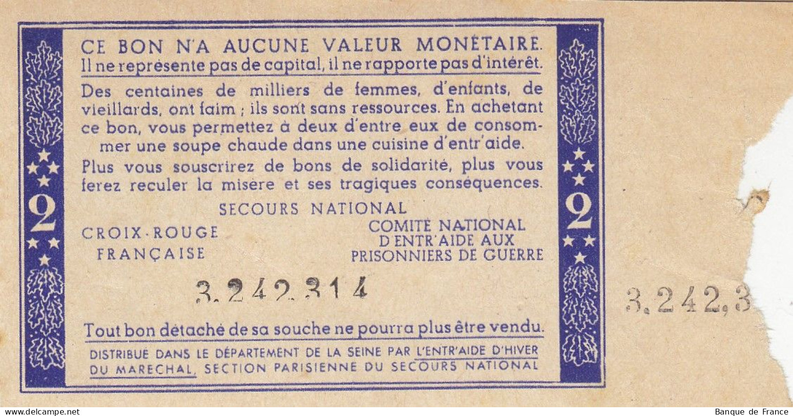 Bon De Solidarité France 2 Francs - Pétain 1941 / 1942 KL.03 NEUF Avec Souche - Bonds & Basic Needs