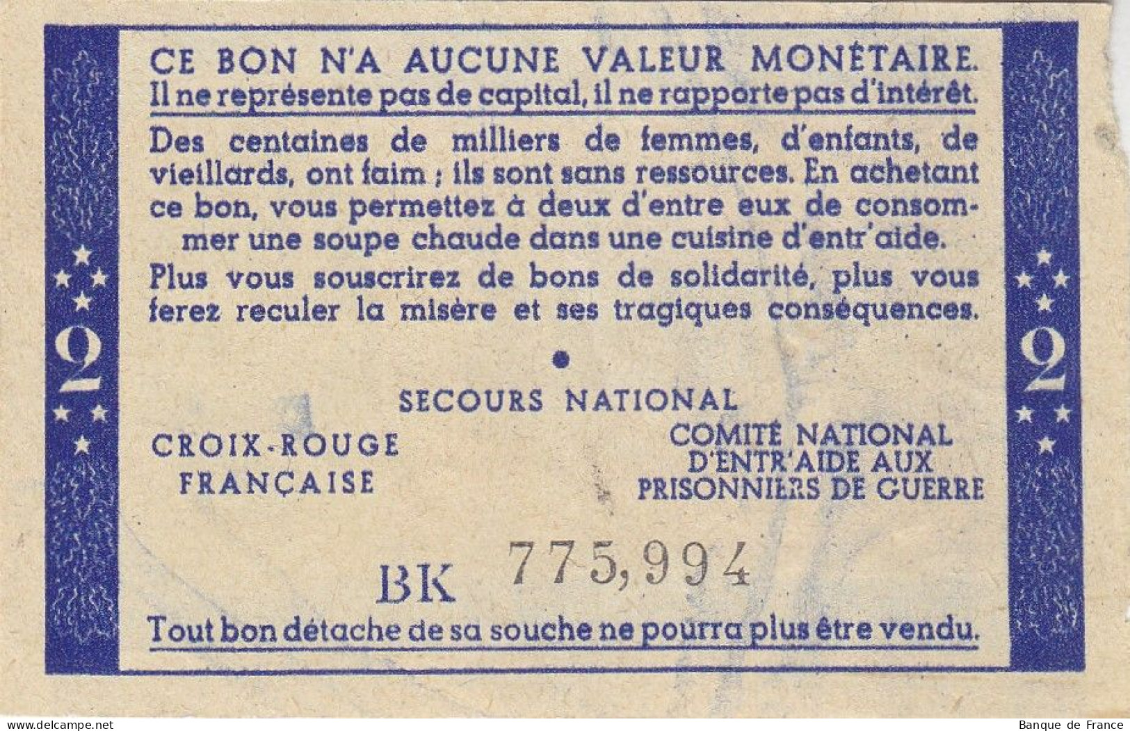 Bon De Solidarité France 2 Francs - Pétain 1941 / 1942 KL.03 Série BK - Bons & Nécessité