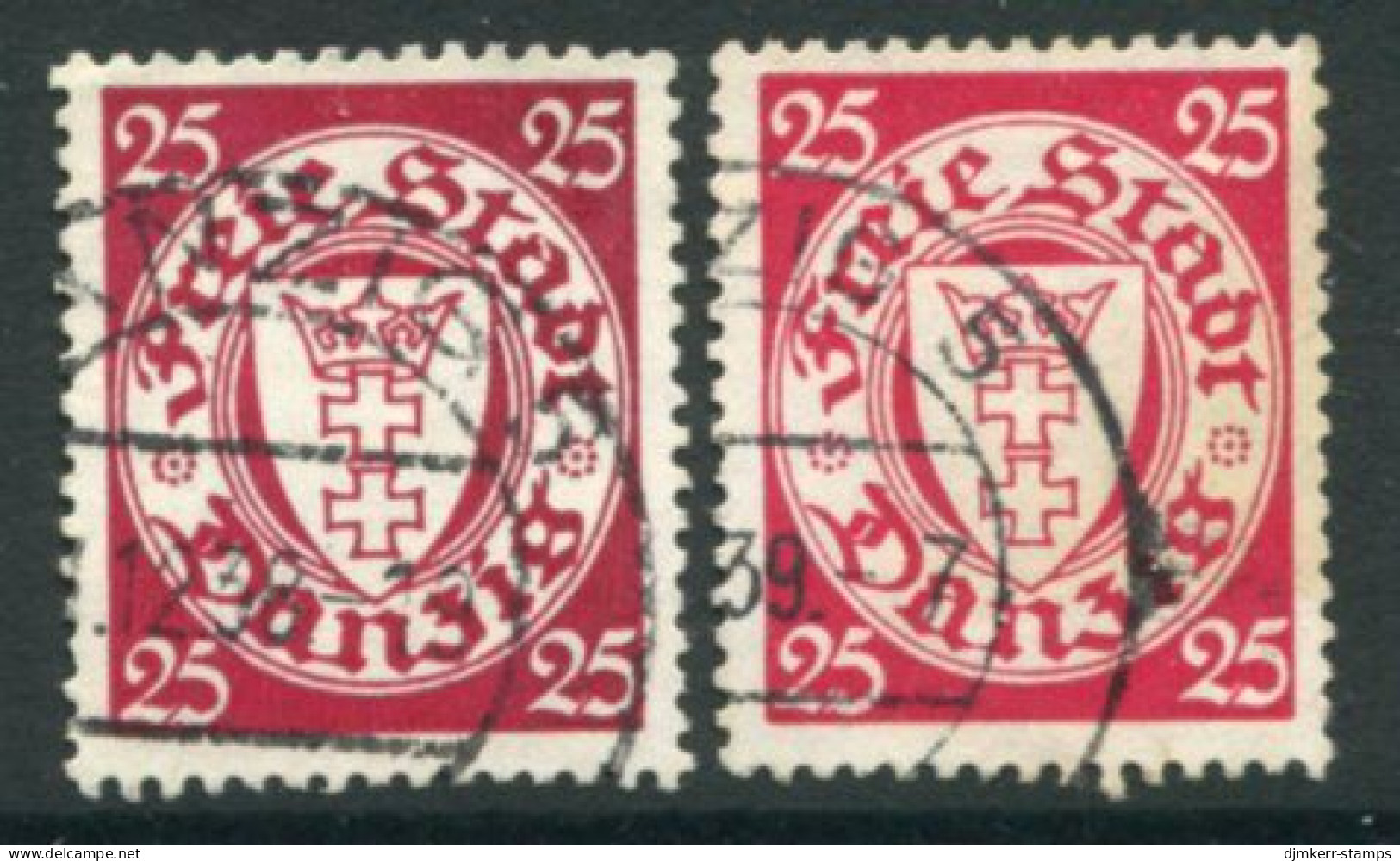 DANZIG 1938 Arms Definitive With Swastika Watermark 25 Pf.  In Two Shades Used.  Michel 294 - Usados