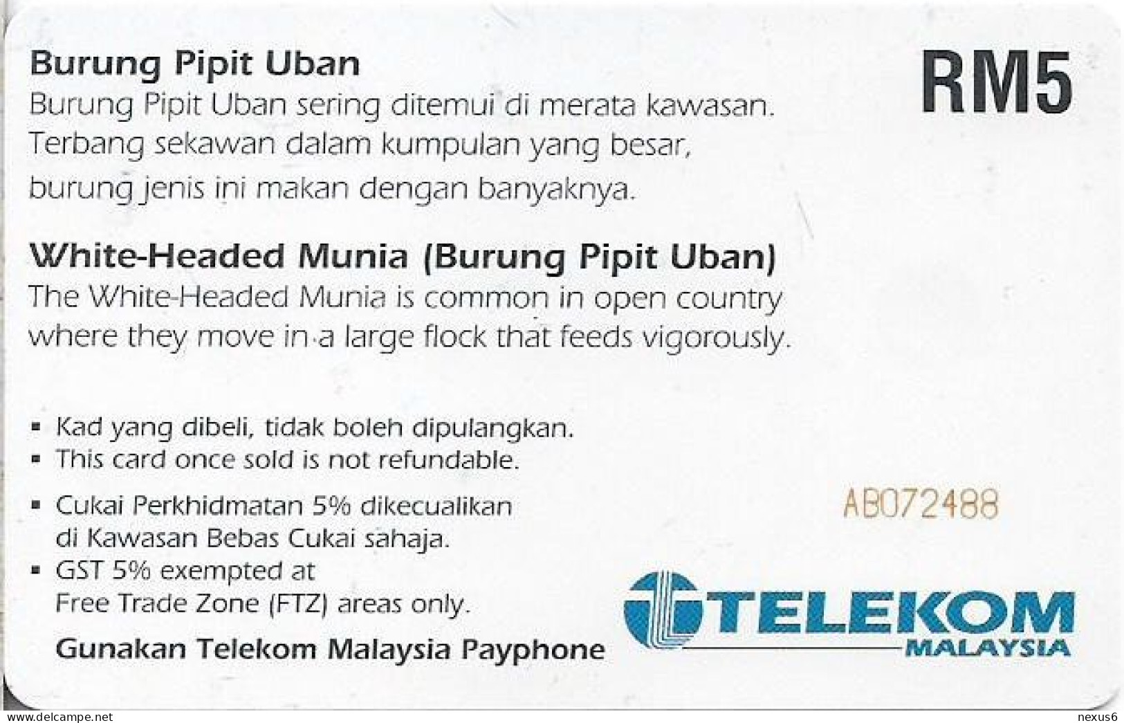 Malaysia - Telekom Malaysia (chip) - Birds - Burung Pipit Uban, Chip SC7, 5RM, Used - Malaysia