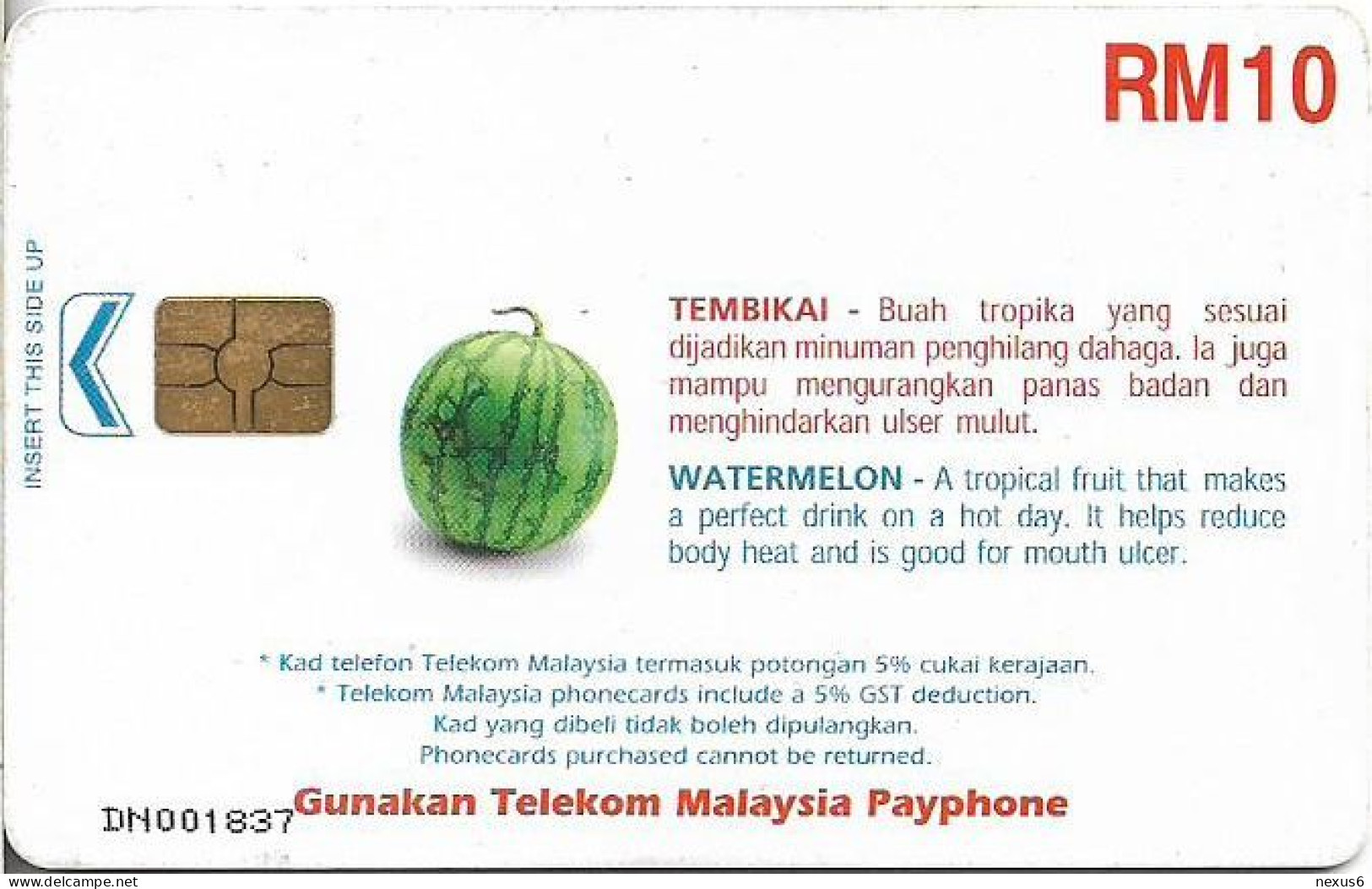 Malaysia - Telekom Malaysia (chip) - Watermelon, Tembikai, Gem5 Black, 1998, 10RM, Used - Malaysia