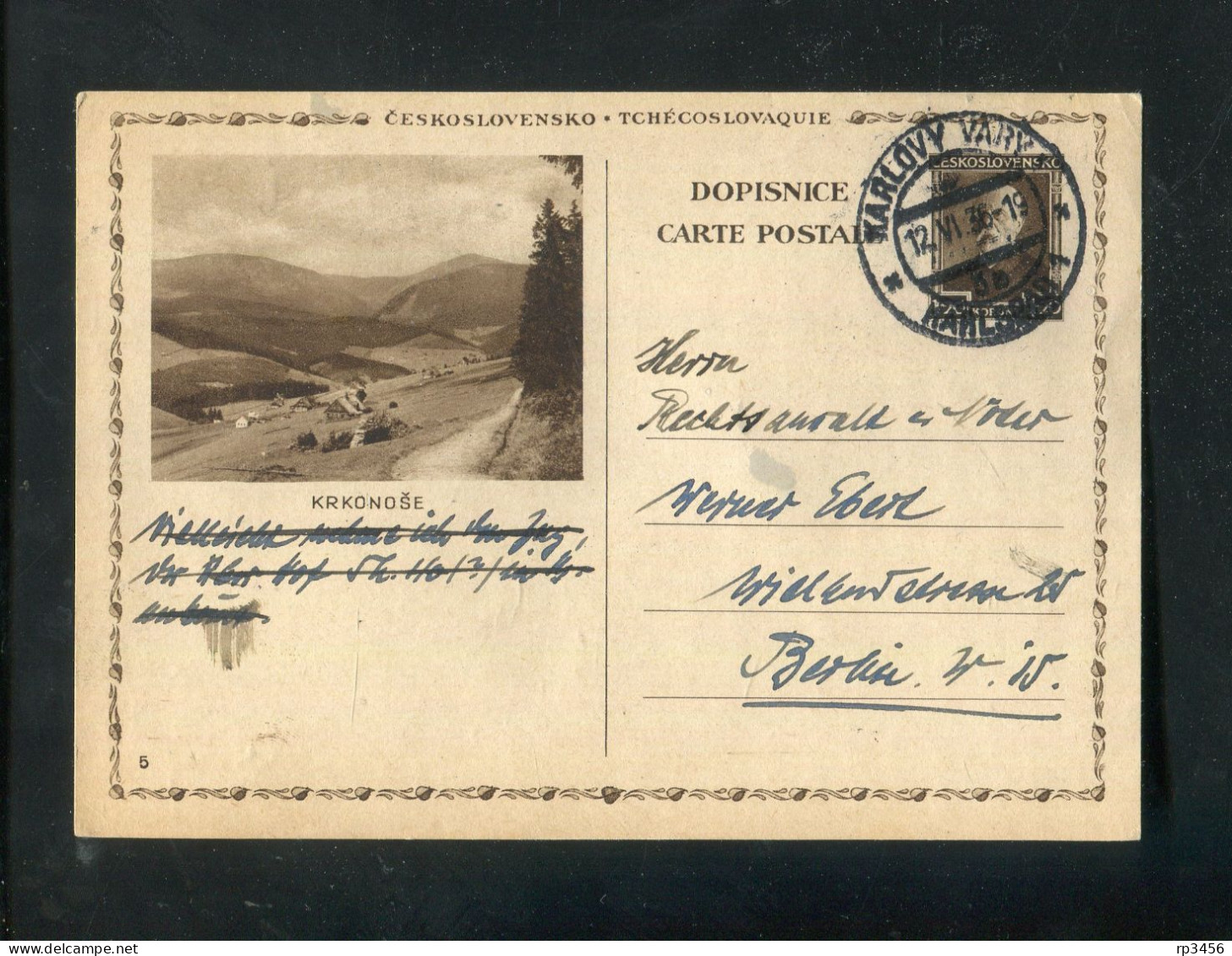 "TSCHECHOSLOWAKEI" 1936, Bildpostkarte Mit Bild "KRKONOSE" Und Stempel "KARLOVY VARY" Nach Berlin (R0080) - Cartoline Postali