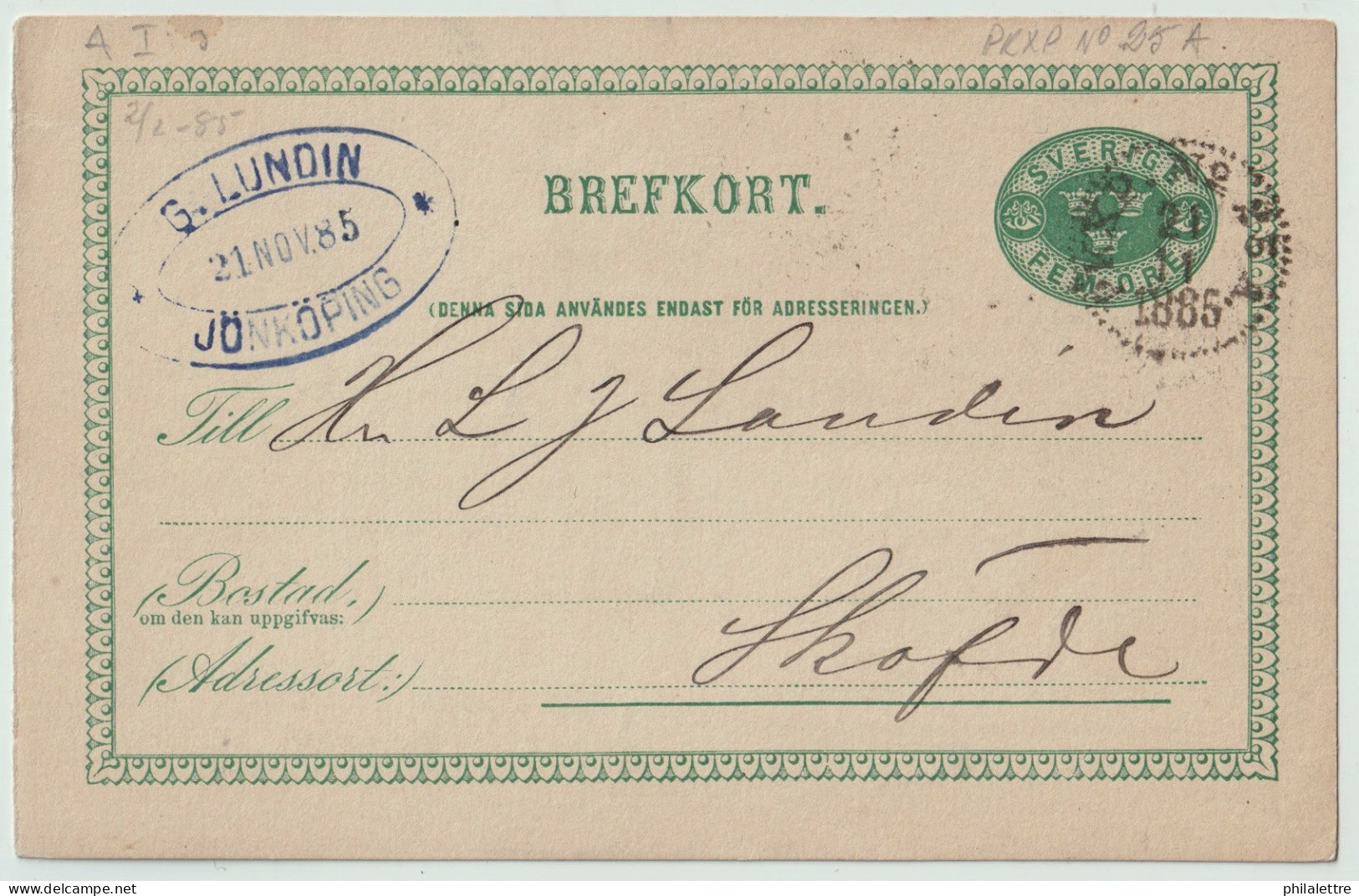 SUÈDE / SWEDEN - 1885 - TPO CDS Type 3 "PKXP. N°25 A" (Falköping Ranten-Nässjö) On 5ö Postal Card Mi.P6I To Skövde - Covers & Documents