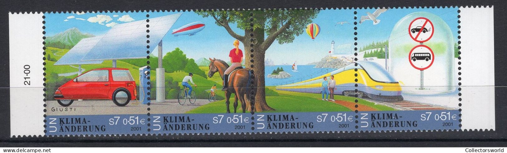 United Nations UN Vienna Serie 4v 2001 Climate Change Car Horse Balloon Train Bird Surf Zeppelin Lighthouse MNH - Ongebruikt