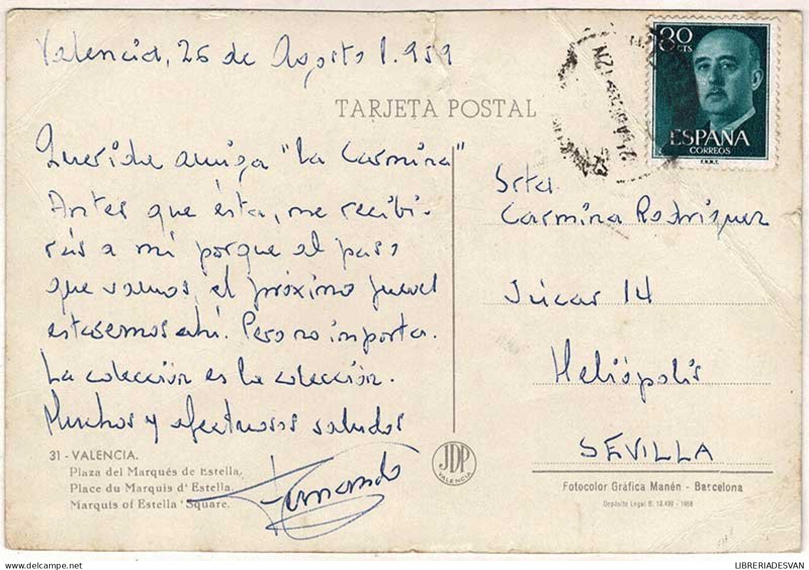 Postal Valencia. Plaza Del Marqués De Estella No. 31 - Sonstige & Ohne Zuordnung