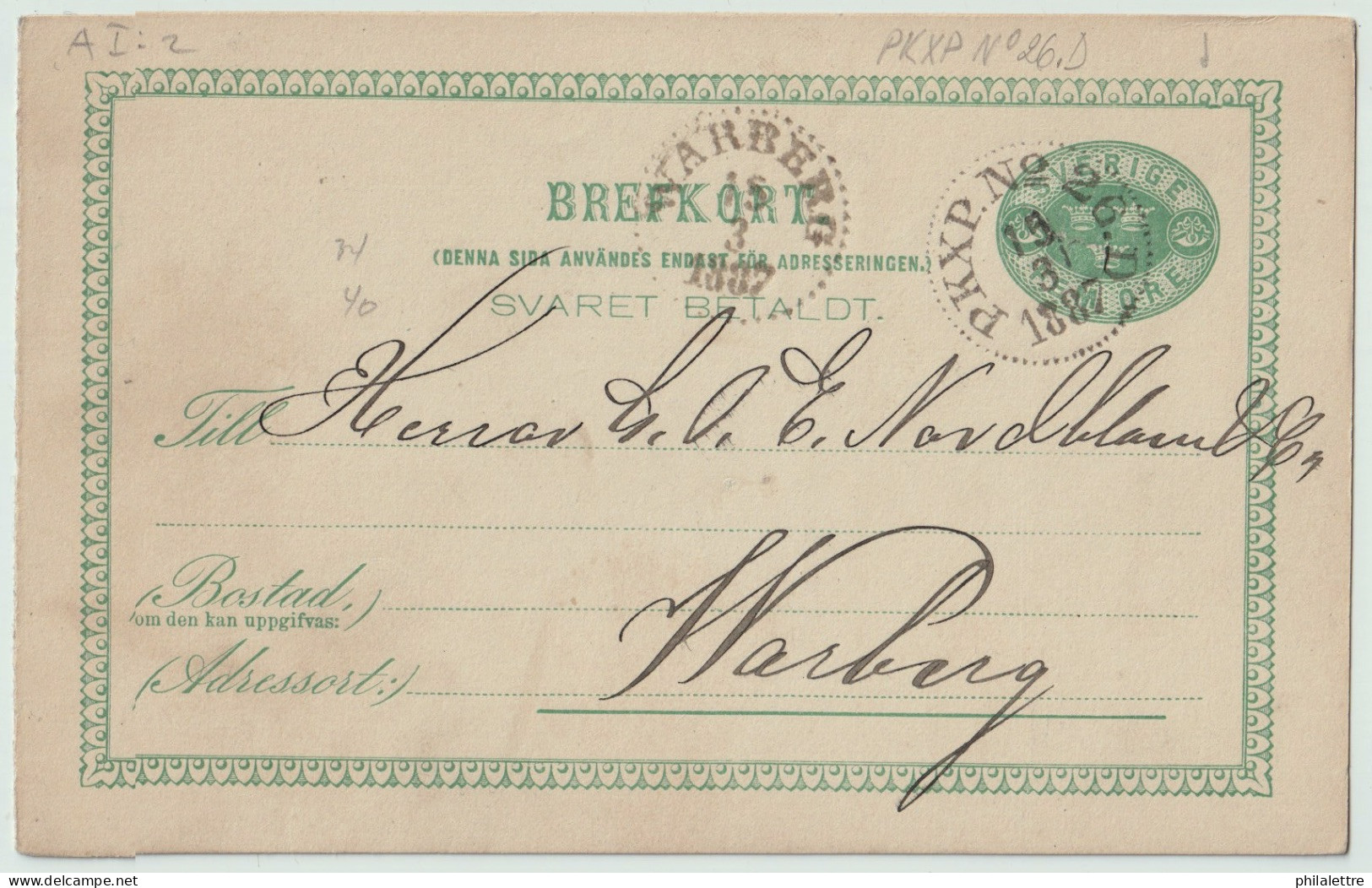 SUÈDE / SWEDEN - 1887 - TPO CDS Type 3 "PKXP. N°26. D" (Herrljunga-Borås-Varberg) On 5ö Postal Card Mi.P9F To Varberg - Cartas & Documentos