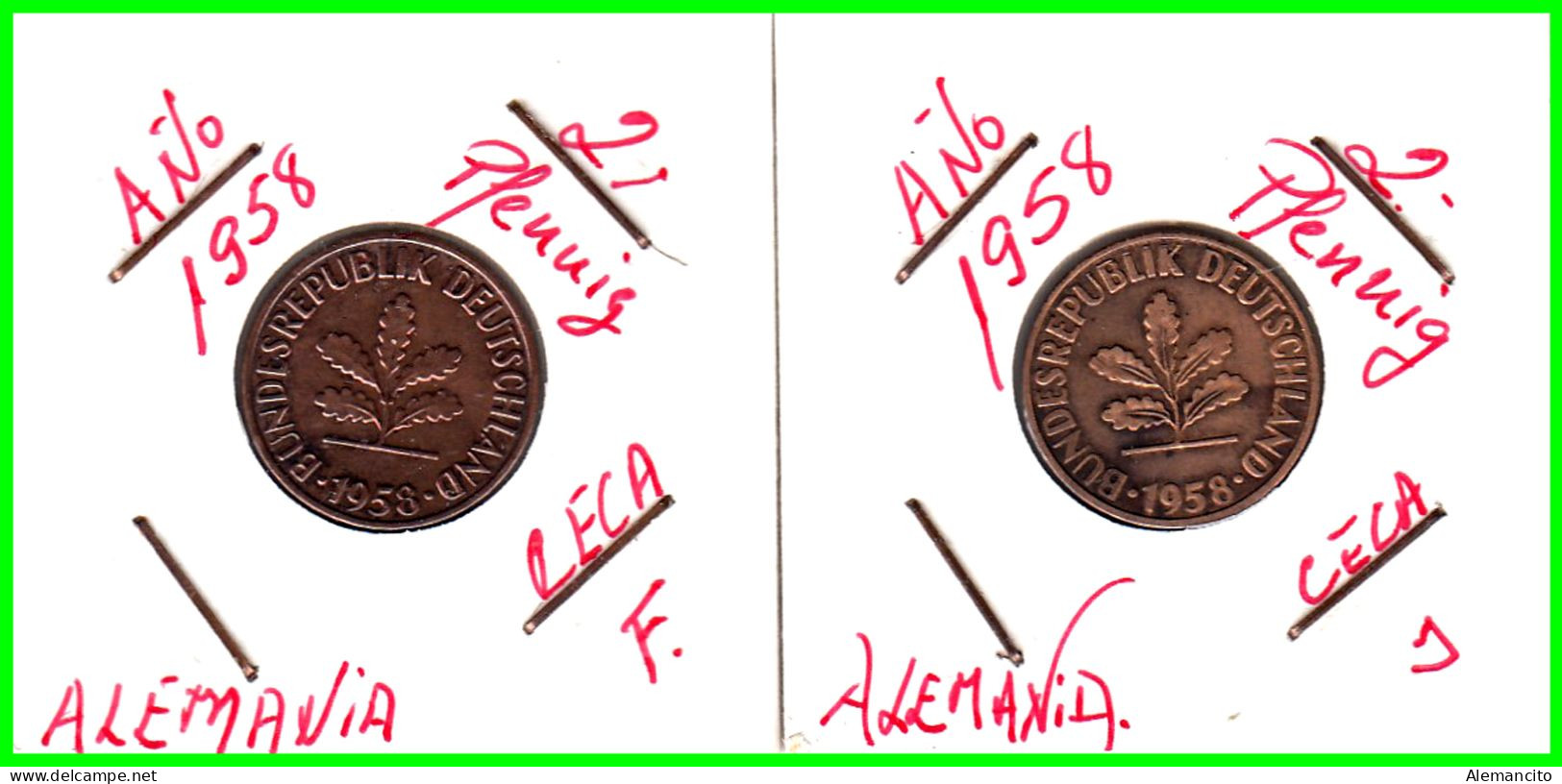 ALEMANIA – GERMANY - ( REPUBLICA FEDERAL )  2 MONEDAS DE 2.- PFENNING . AÑO 1958 DE LAS CECAS -F - J - 2 Pfennig