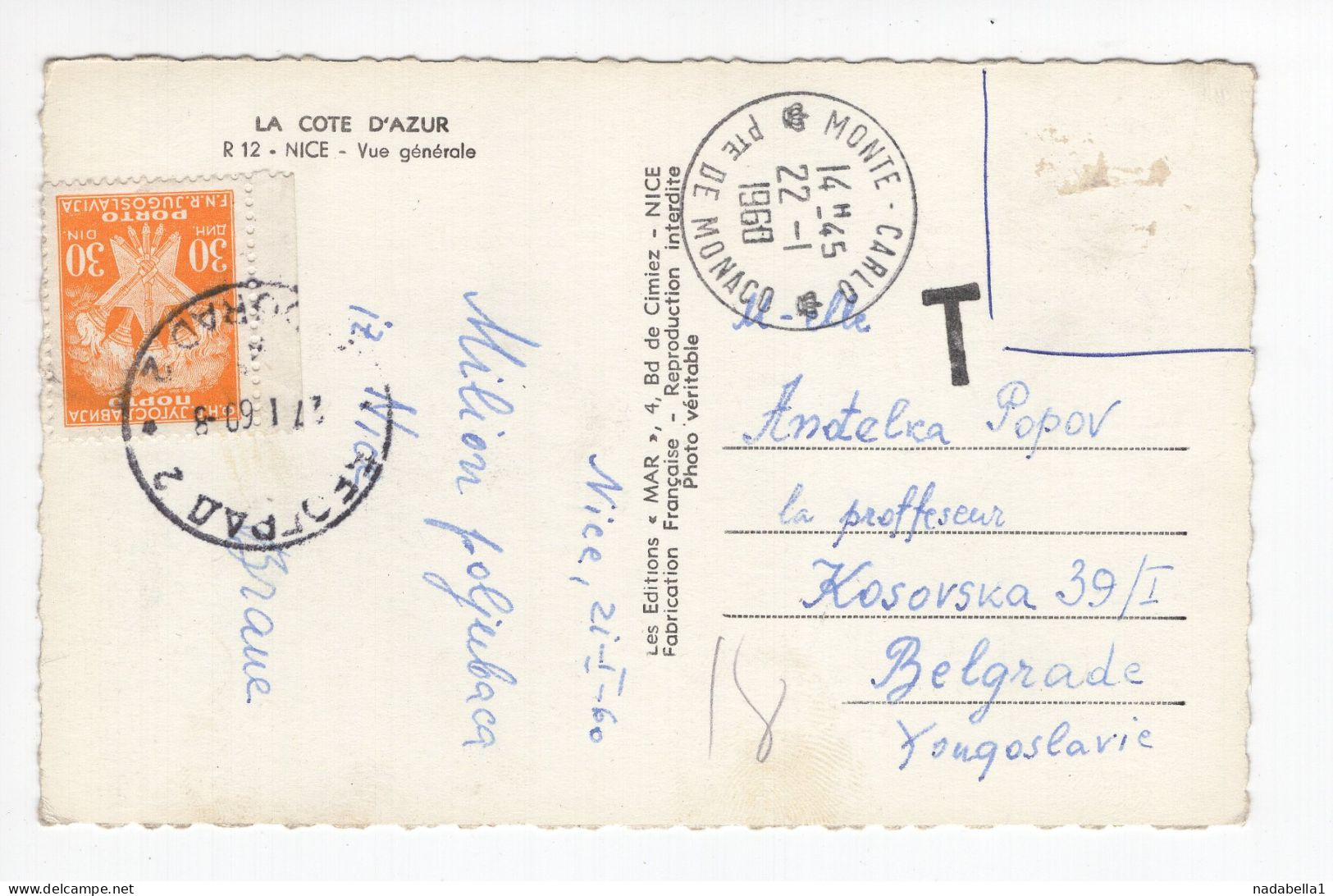 1960. FRANCE,MONTE CARLO TO YUGOSLAVIA,T,30 DIN. POSTAGE DUE IN BELGRADE,LA CÔTE D'AZUR POSTCARD,USED - Postage Due