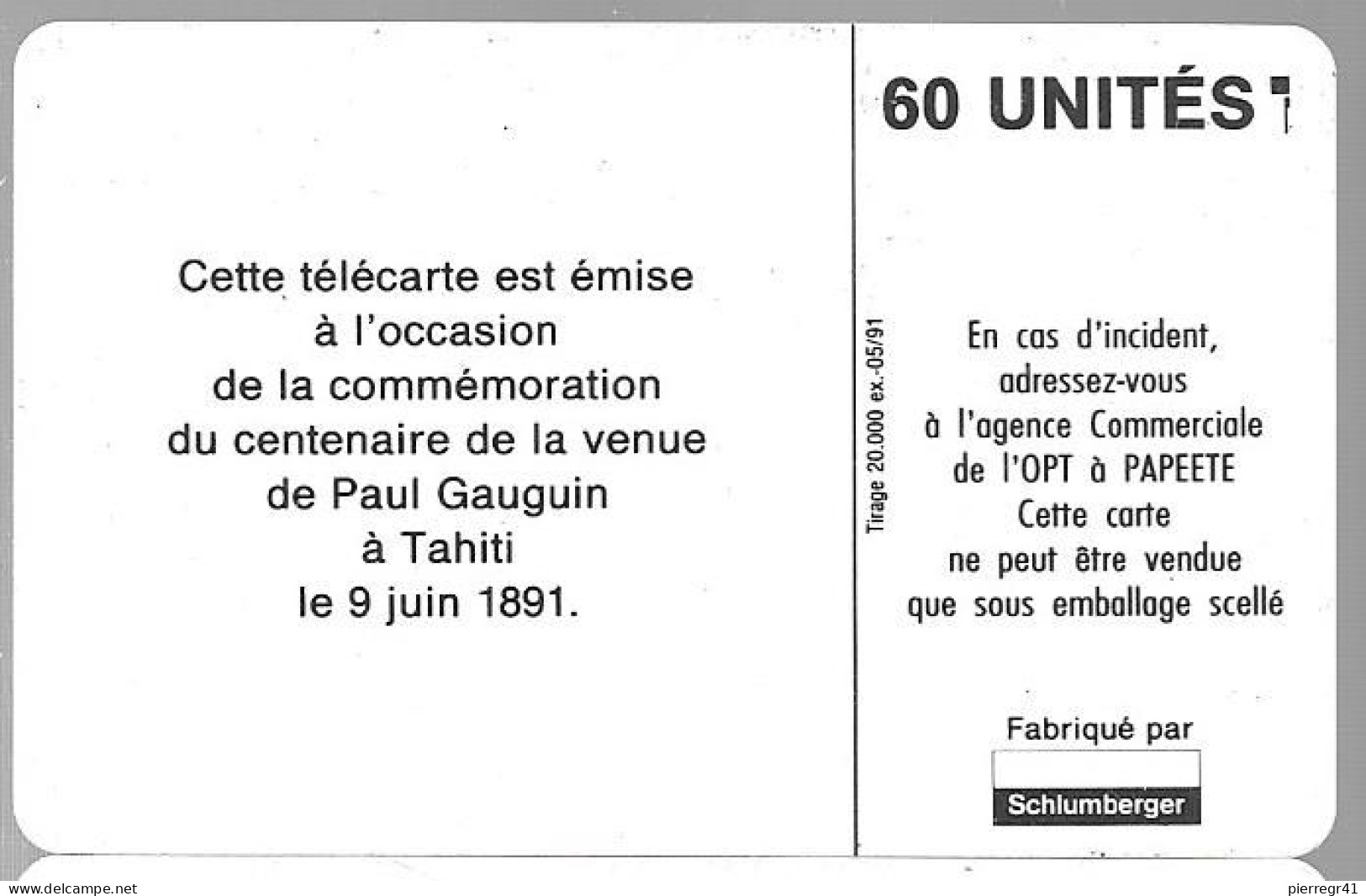 CARTE-PUCE-POLYNESIE-PF5 -Sans Puce Avec Logement-60U-05/91-GAUGUIN-Les ORANGES-TBE-RARE - Französisch-Polynesien