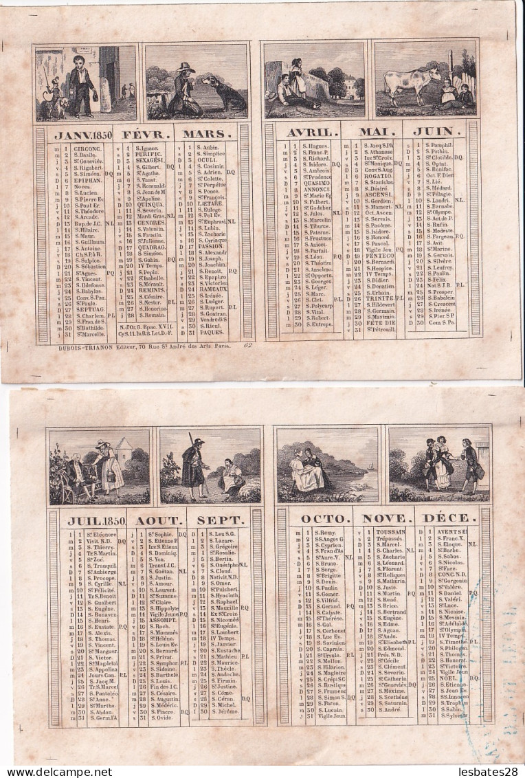 ALMANACH 1850 CALENDRIER 2 SEMESTRIELS Allégorie Coutumes  Viequotidienne  Imp. Dubois -Trianon( (2024 Mars 480) - Kleinformat : ...-1900