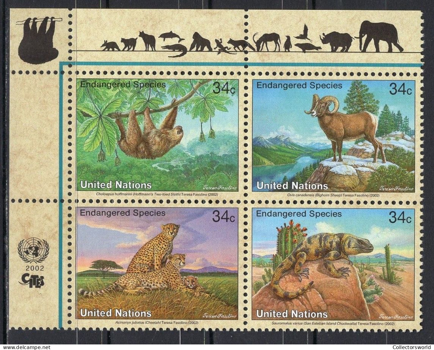 United Nations UN New York Serie 4v 2002 Endangered Species Cheetah Sloth Bighorn Sheep Wildlife Lizard MNH - Ungebraucht