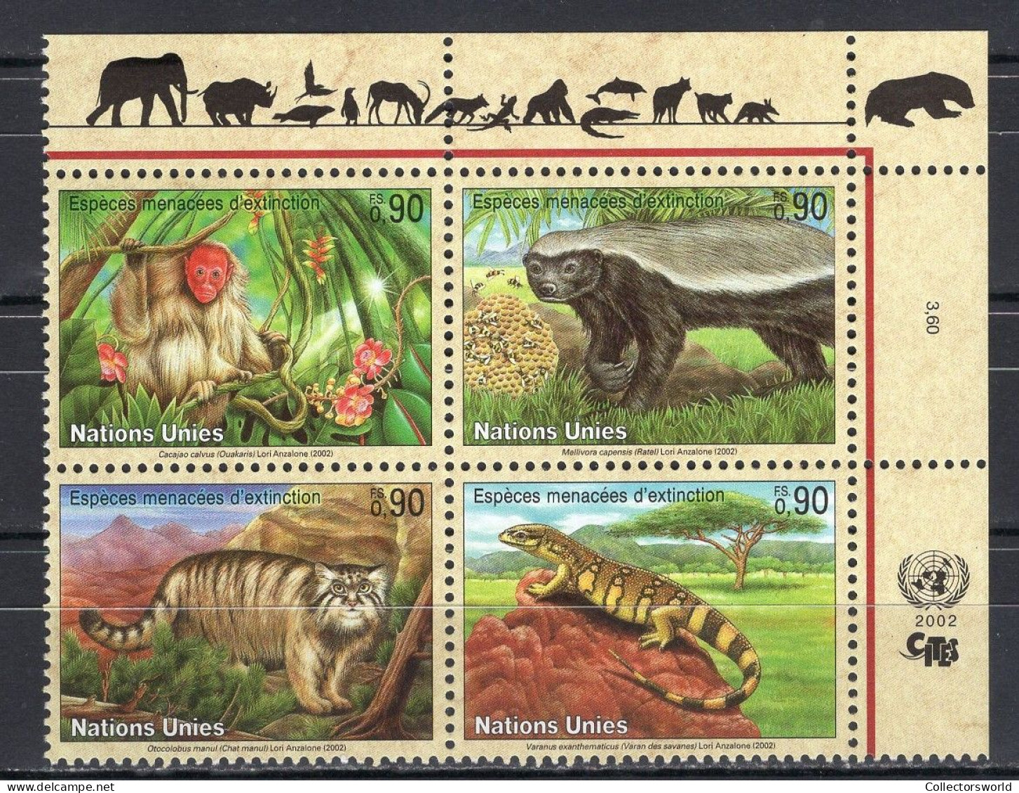 United Nations UN Geneva Serie 4v 2002 Endangered Species Honey Badger Lizard Monkey Cat Varanus Bee Insects MNH - Unused Stamps