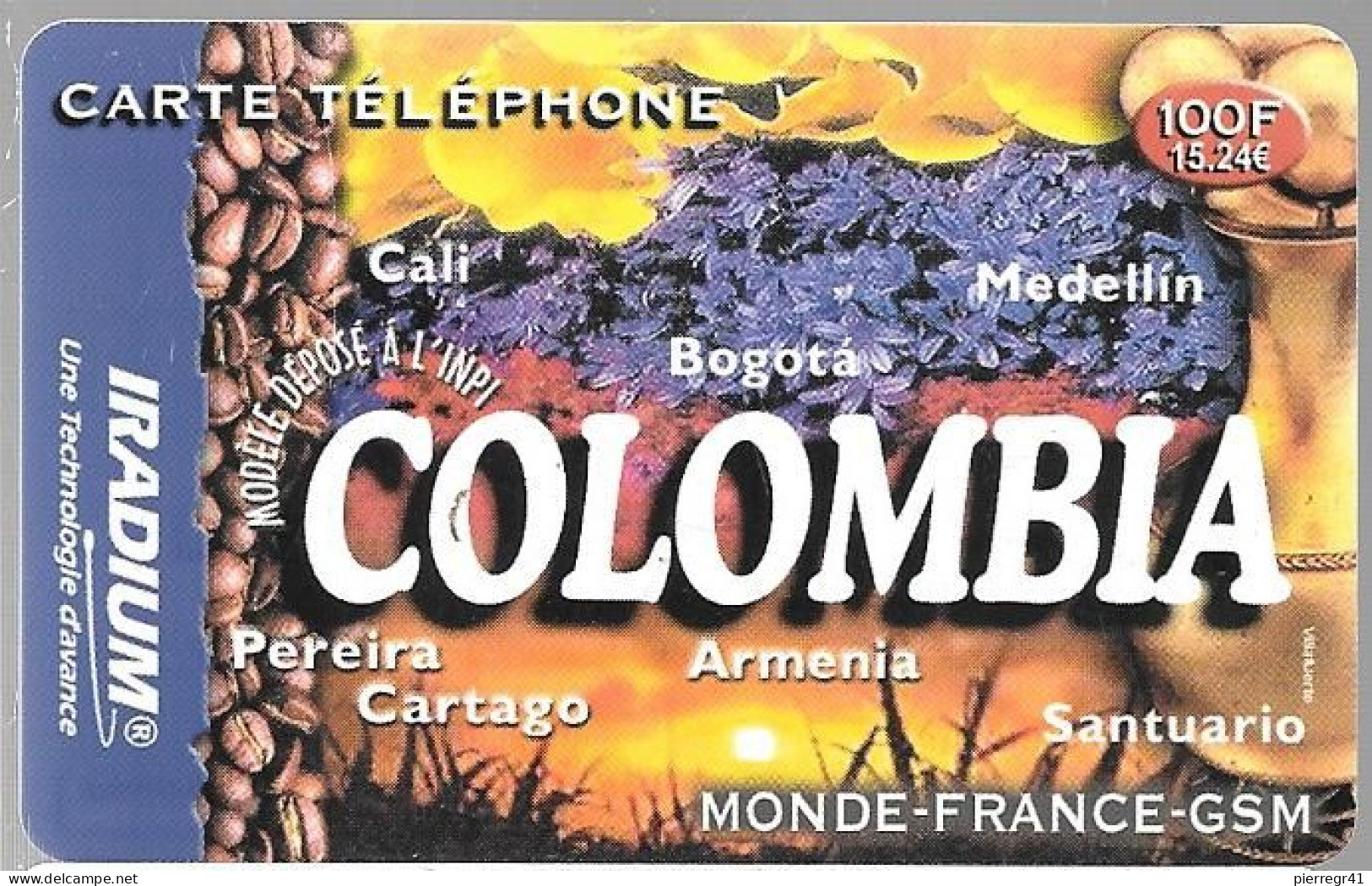 CARTE-PREPAYEE-IRADIUM-COLOMBIE-100F/15.24€-31/12/2003-GN°Lasers/Fond Gris-GRATTE-TBE-RARE - Altri & Non Classificati