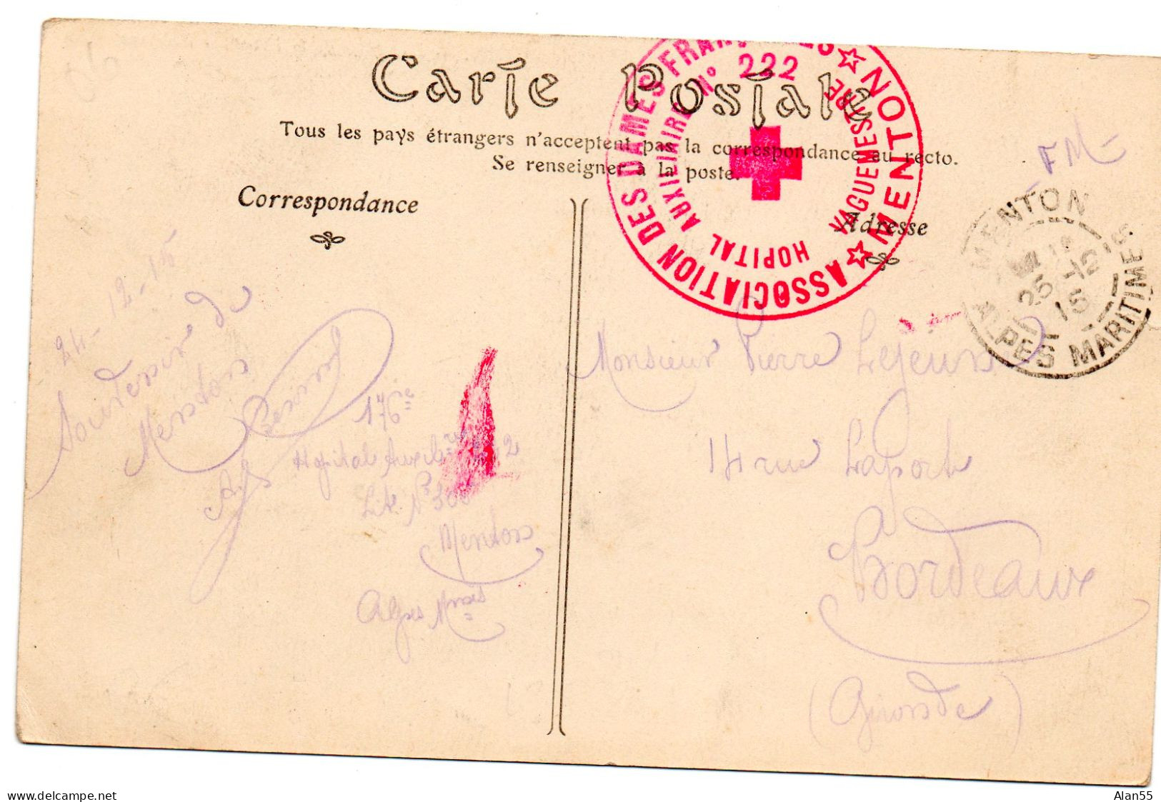 1915."HOPITAL AUXILIAIRE N°222.A.D.F.MENTON (ALPES MARITIMES). - 1. Weltkrieg