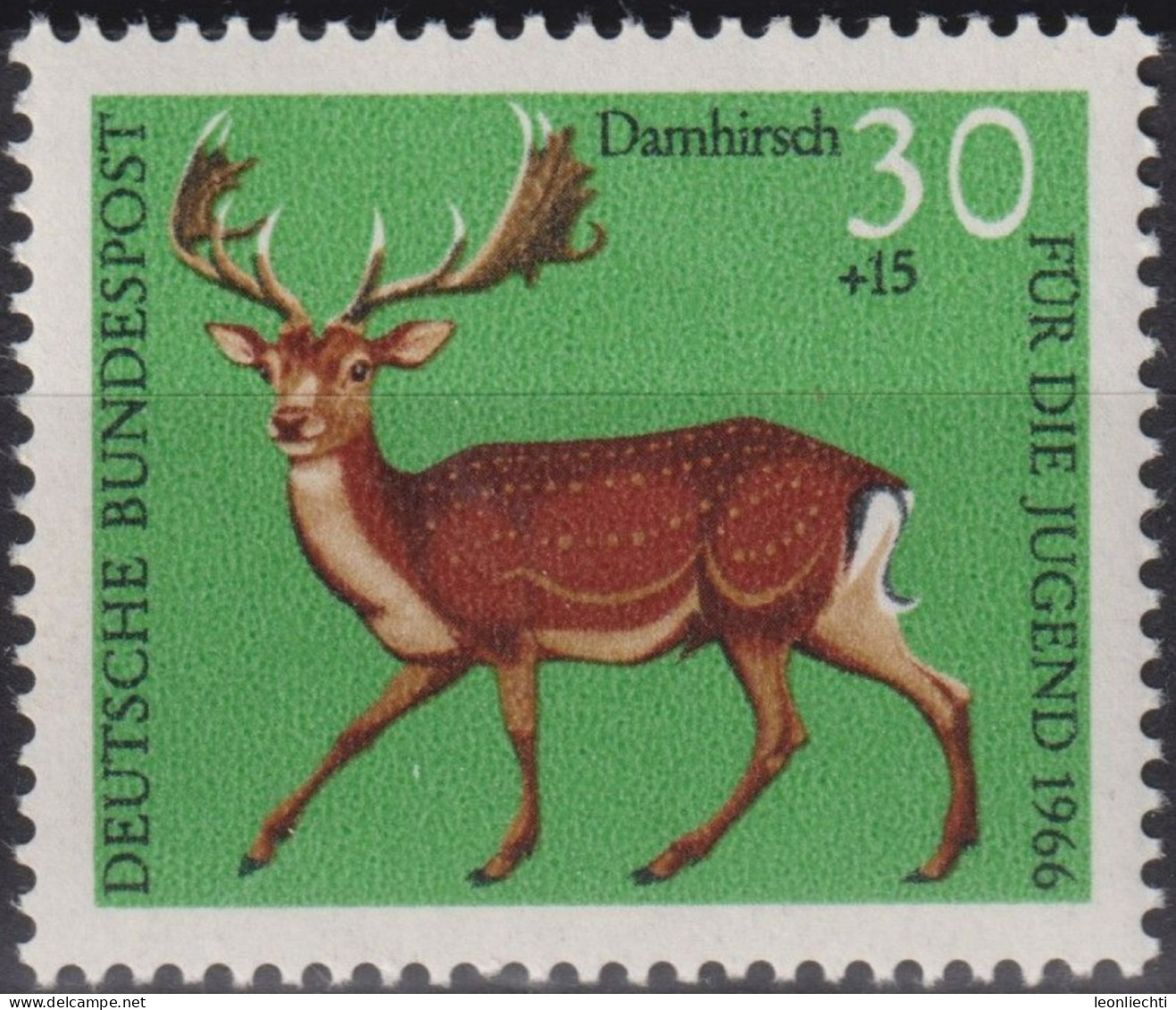 1966 Deutschland > BRD, ** Mi:DE 513, Sn:DE B414, Yt:DE 366, Damhirsch, Waldtiere - Animalez De Caza