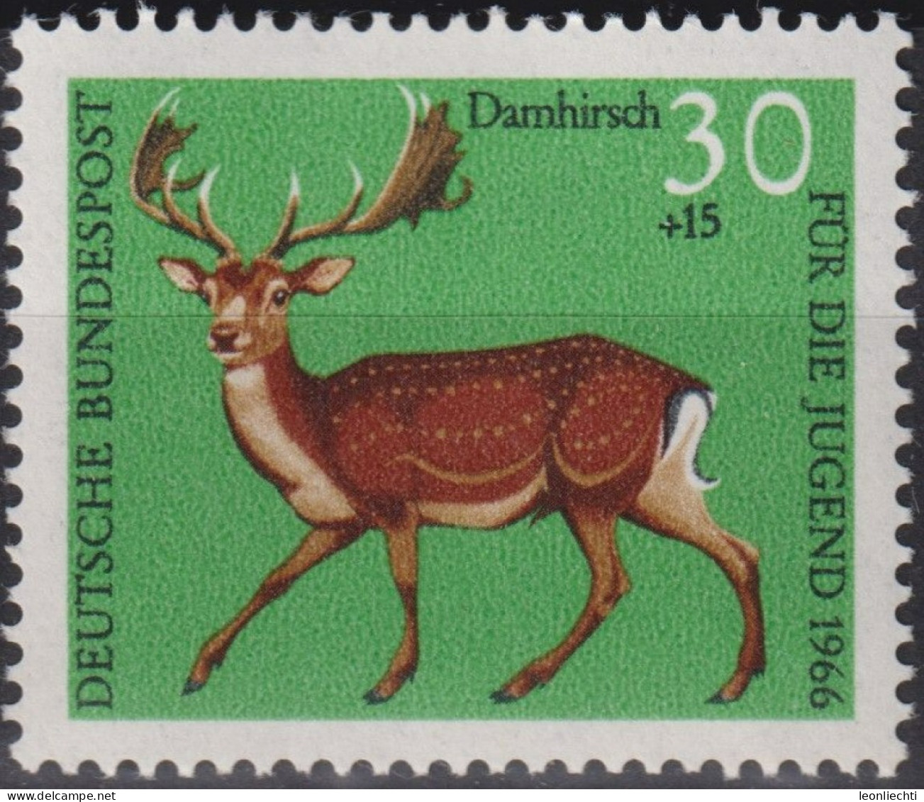 1966 Deutschland > BRD, ** Mi:DE 513, Sn:DE B414, Yt:DE 366, Damhirsch, Waldtiere - Wild