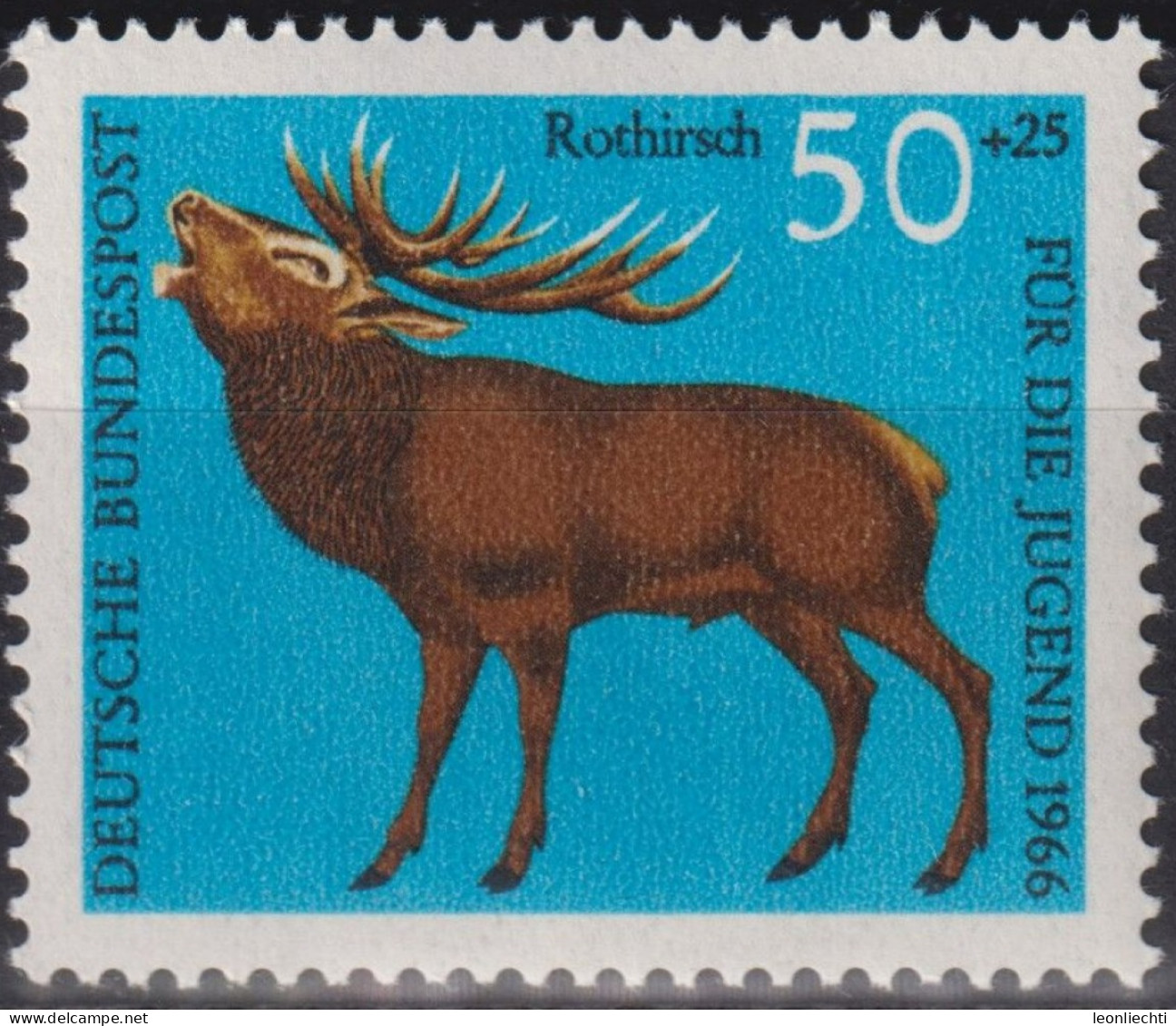 1966 Deutschland > BRD, ** Mi:DE 514, Sn:DE B415, Yt:DE 367, Rothirsch, Waldtiere - Selvaggina