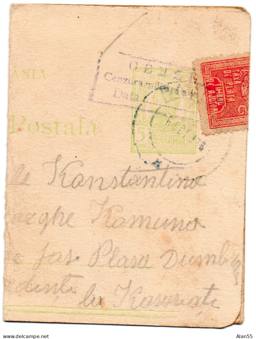 ROUMANIE.1916-1918.  ENTIER POSTAL 5 B.SCELLE PAR TAXA DE PLATA.(TIMBRE TAXE) Avec CENZURA ( CENSURE). - Brieven En Documenten