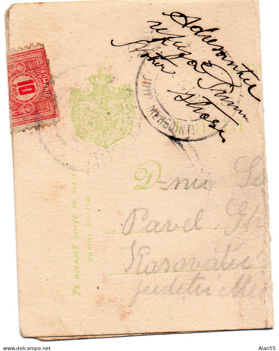 ROUMANIE.1916-1918.  ENTIER POSTAL 5 B.SCELLE PAR TAXA DE PLATA.(TIMBRE TAXE) Avec CENZURA ( CENSURE). - Brieven En Documenten