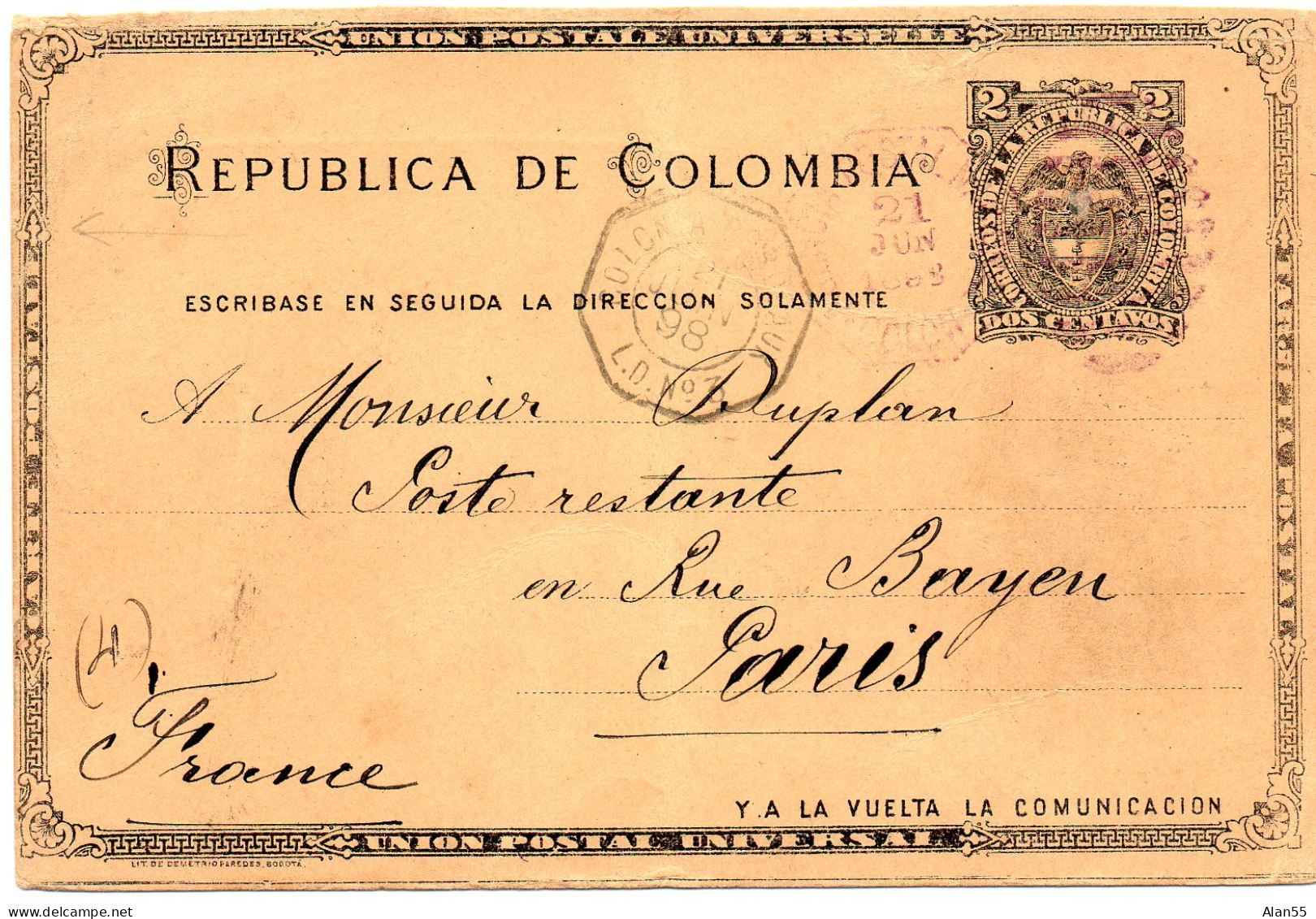 COLOMBIE.1898.. Paquebot "LABRADOR"."COLON A BORDEAUX L.D.3. ENTIER POSTAL  Pour La France - Colombia
