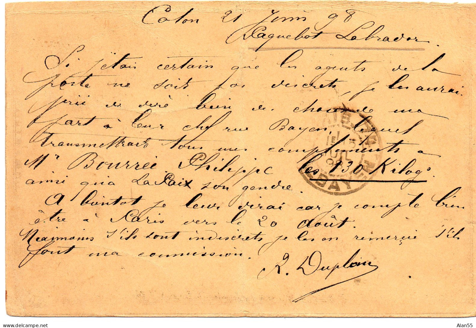 COLOMBIE.1898.. Paquebot "LABRADOR"."COLON A BORDEAUX L.D.3. ENTIER POSTAL  Pour La France - Colombia