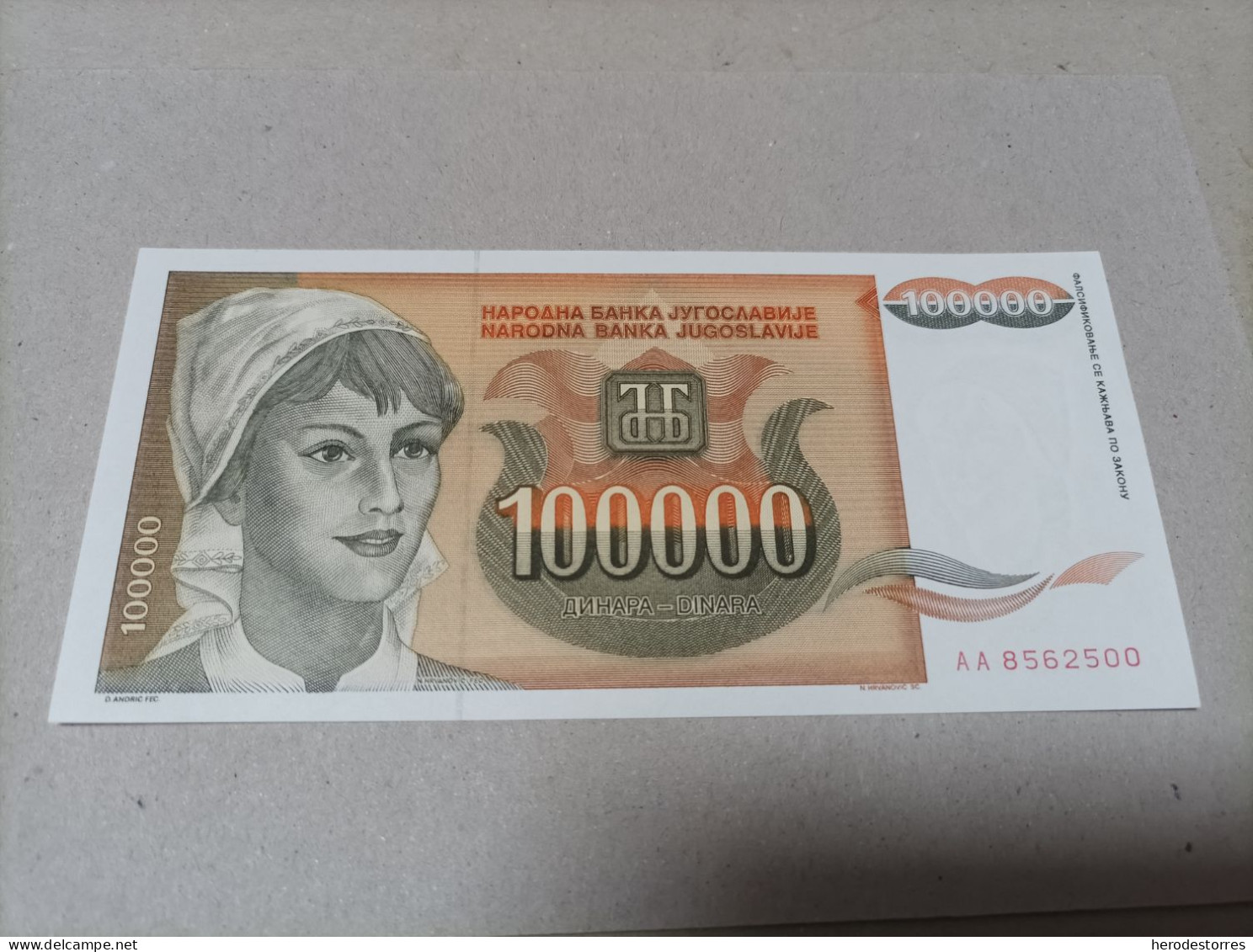 Billete Yugoslavia 100000 Dinares, Año 1993, Serie AA, UNC - Yugoslavia