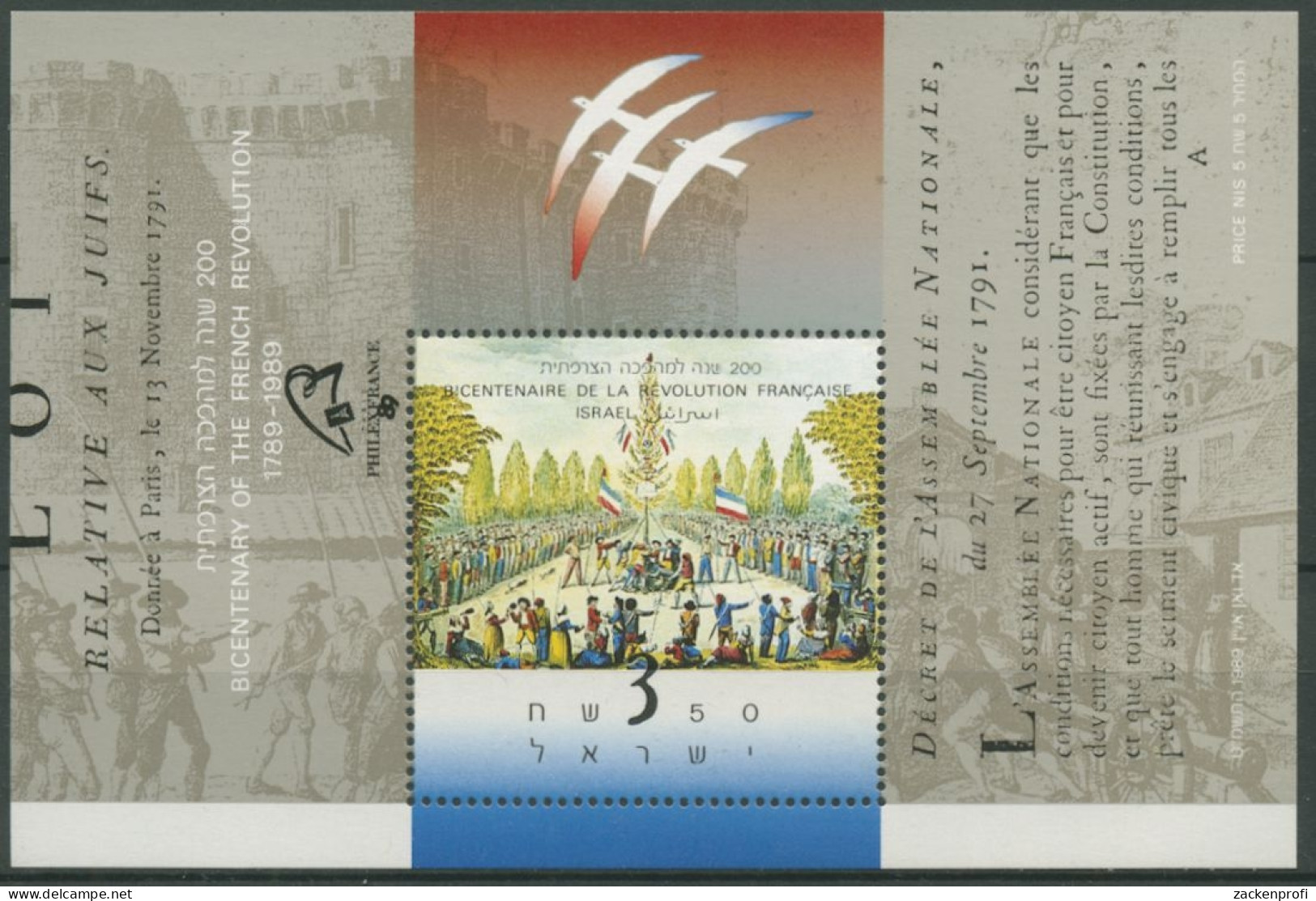 Israel 1989 Jahrestag Der Französischen Revolution Block 39 Postfrisch (C70285) - Blocks & Sheetlets