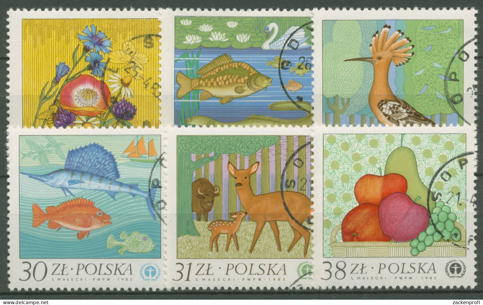 Polen 1983 Naturschutz Tiere Zeichnungen "Blauer Engel" 2850/55 Gestempelt - Used Stamps