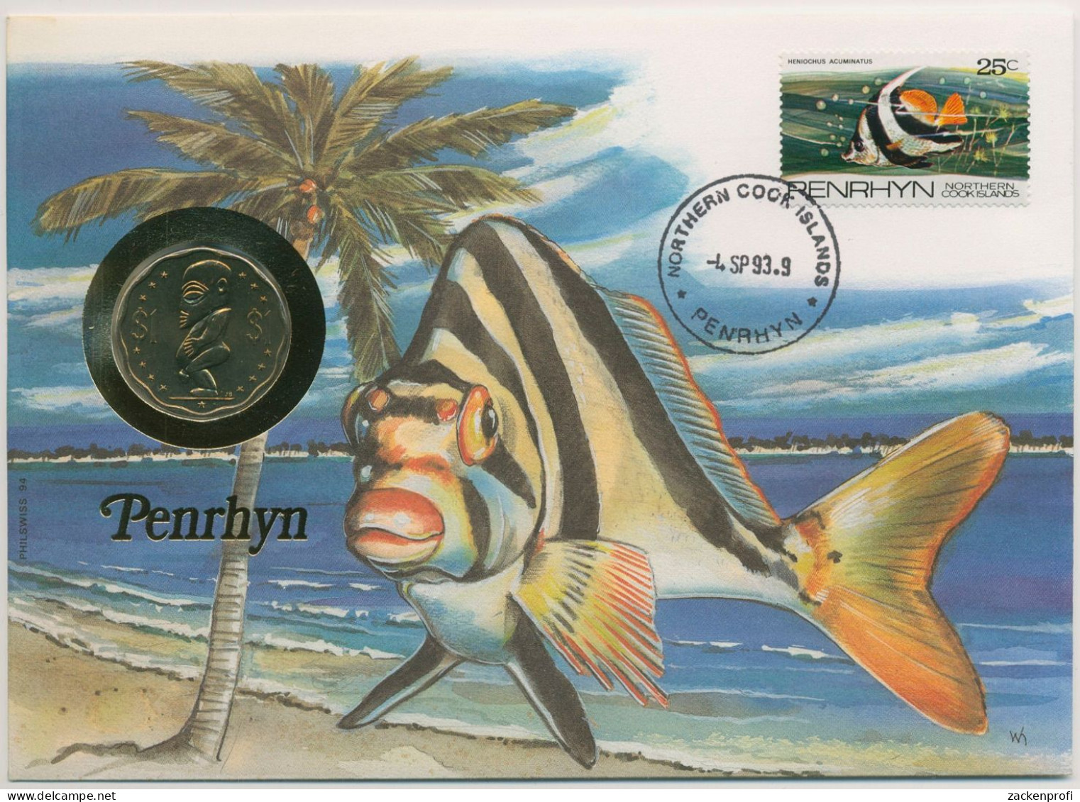 Penrhyn 1993 Küstenlandschaft Fisch Numisbrief Mit 1 Dollar Cook-Inseln (N389) - Isole Cook