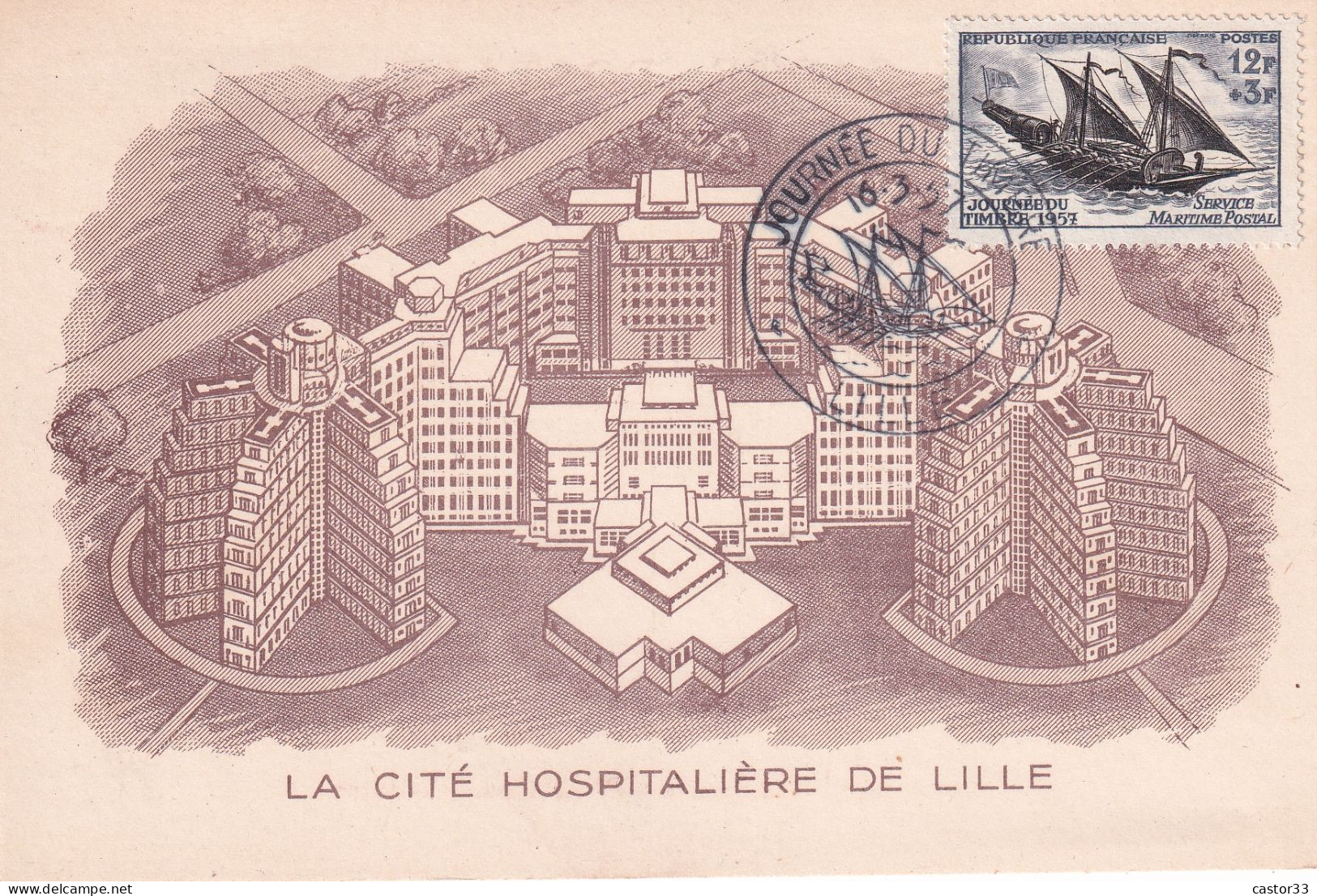 Journée Du Timbre 1957, Service Maritime Poste (Cité Hospitalière De Lille) - Giornata Del Francobollo