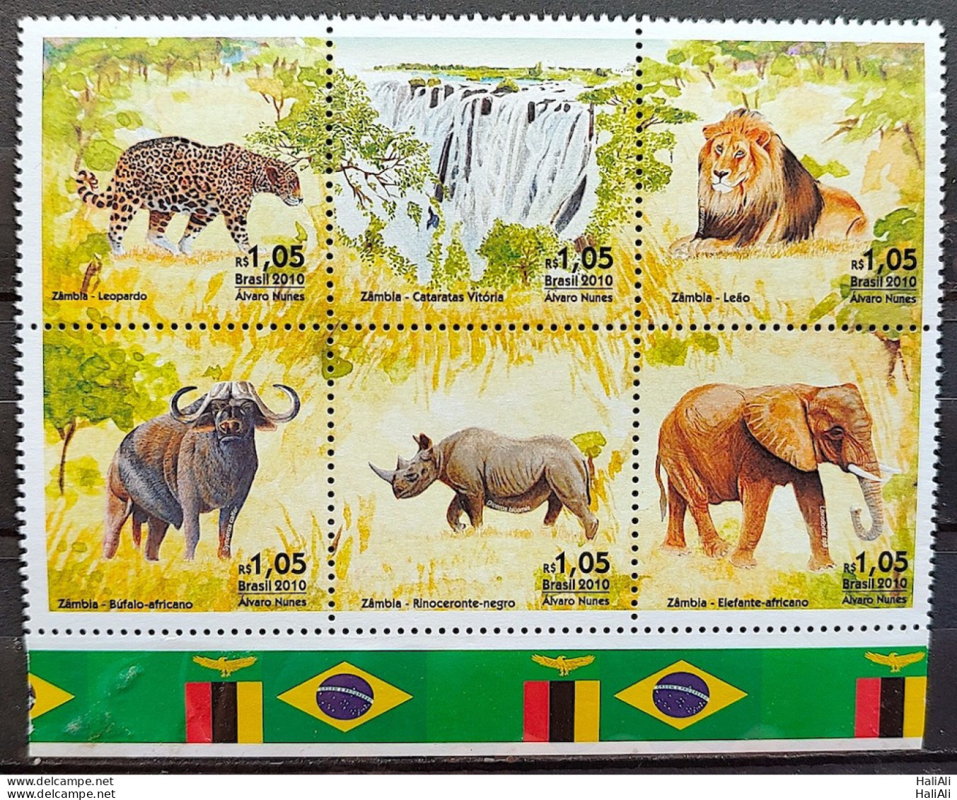 C 3053 Brazil Stamp Diplomatic Relations Zambia Elephant Lion Rhinoceros 2010 Vignette Flag - Nuovi