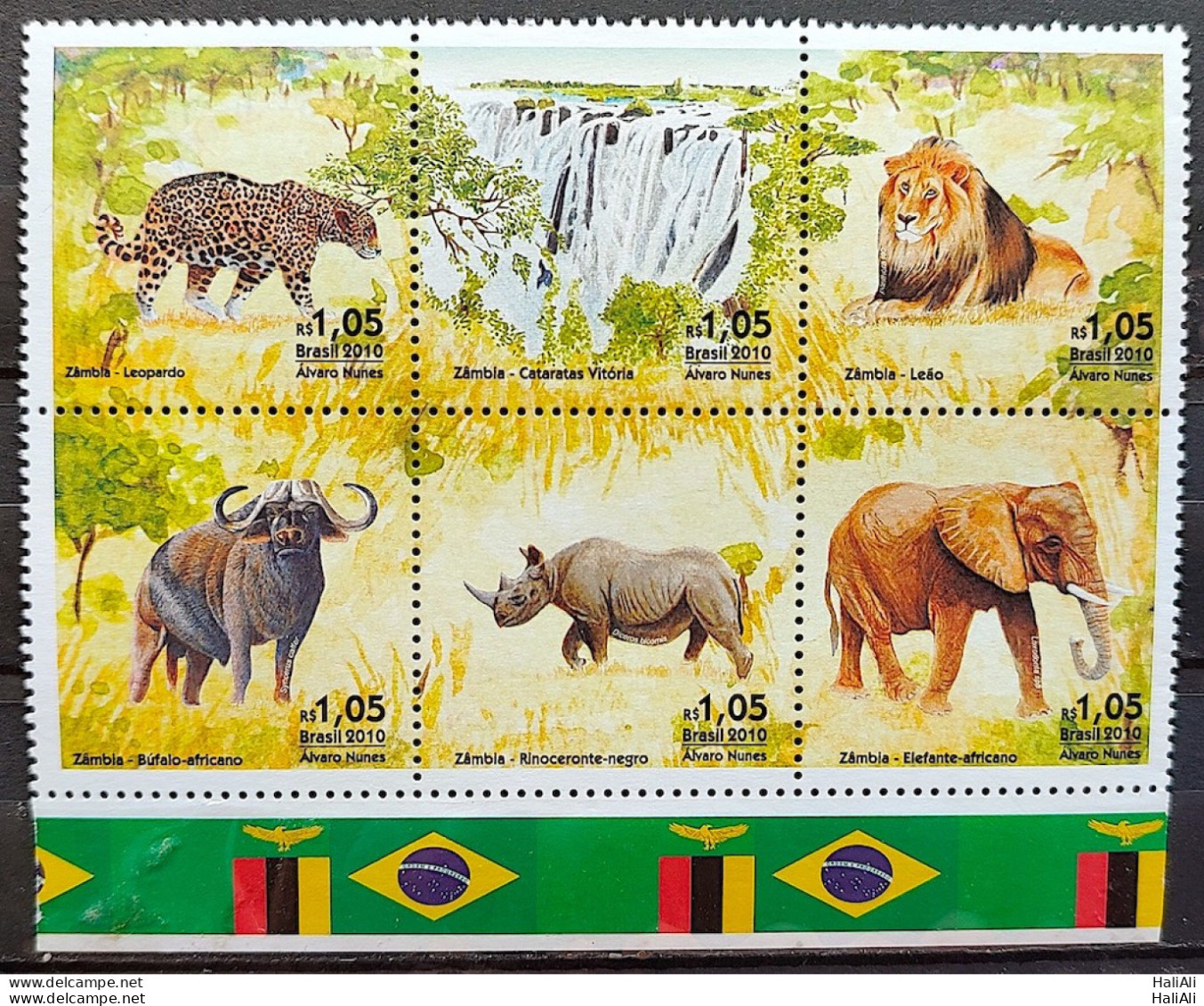 C 3053 Brazil Stamp Diplomatic Relations Zambia Elephant Lion Rhinoceros 2010 Vignette Flag - Ungebraucht