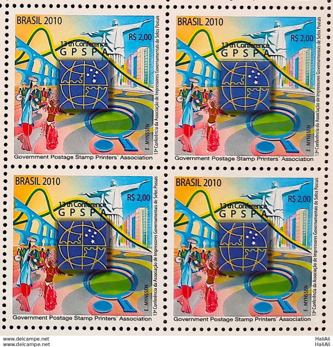 C 3035 Brazil Stamp Conference Printers Brazil Postcard Stamps GPSPA Samba Christ The Redeemer 2010 Block Of 4 - Ungebraucht