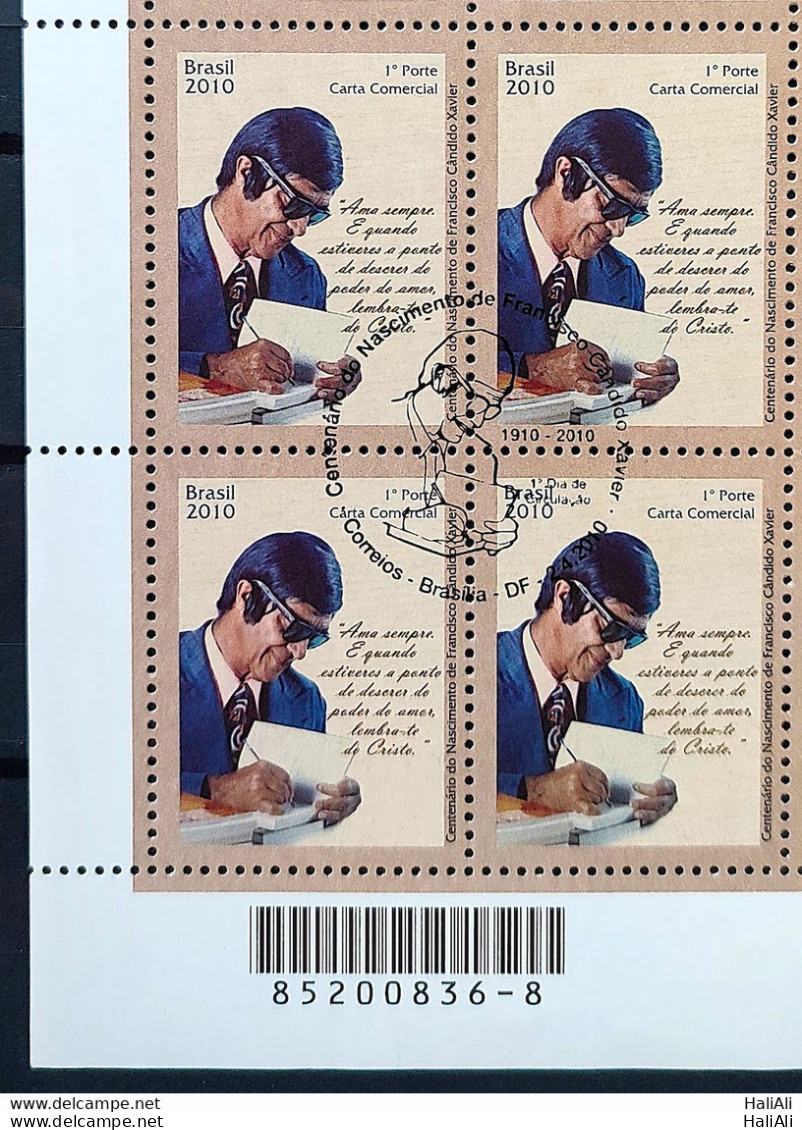 C 2954 Brazil Stamp Chico Xavier Spiritism Religion 2010 Block Of 4 CBC DF Barcode - Nuevos