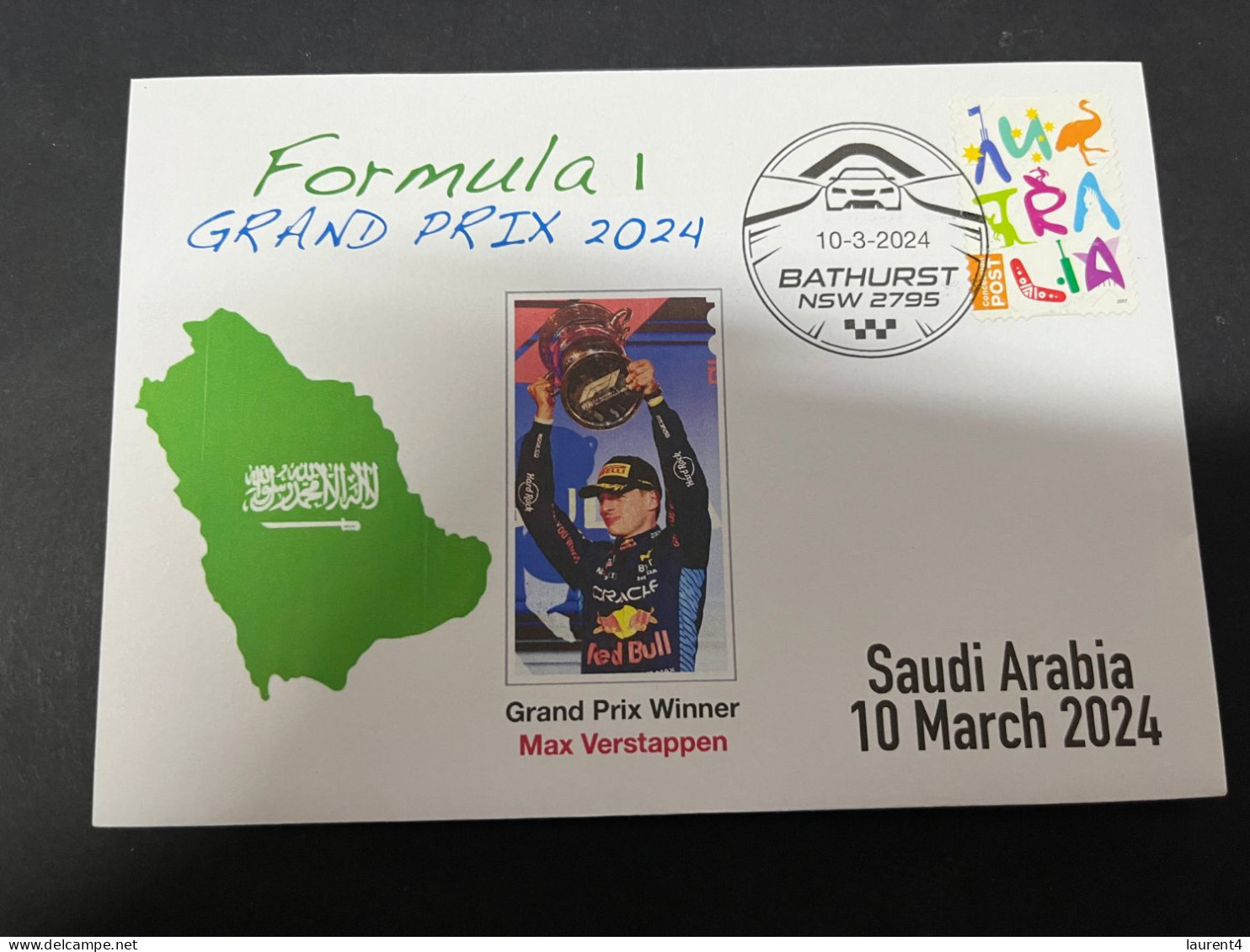 15-3-2024 (3 Y 7) Formula One - 2024 Saudi Arabia Grand Prix - Winner Max Verstappen (10 March 2024) OZ  Stamp - Automobile