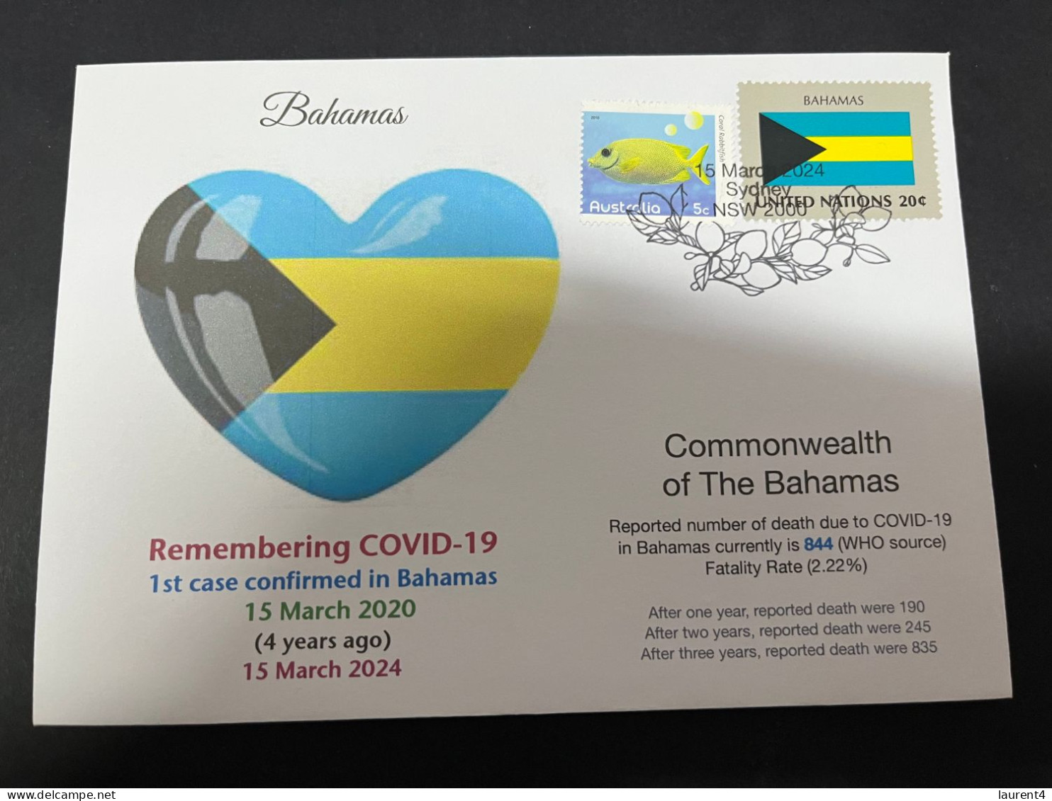 15-3-2024 (3 Y 7) COVID-19 4th Anniversary - Bahamas - 15 March 2024 (with Bahamas UN Flag Stamp) - Malattie