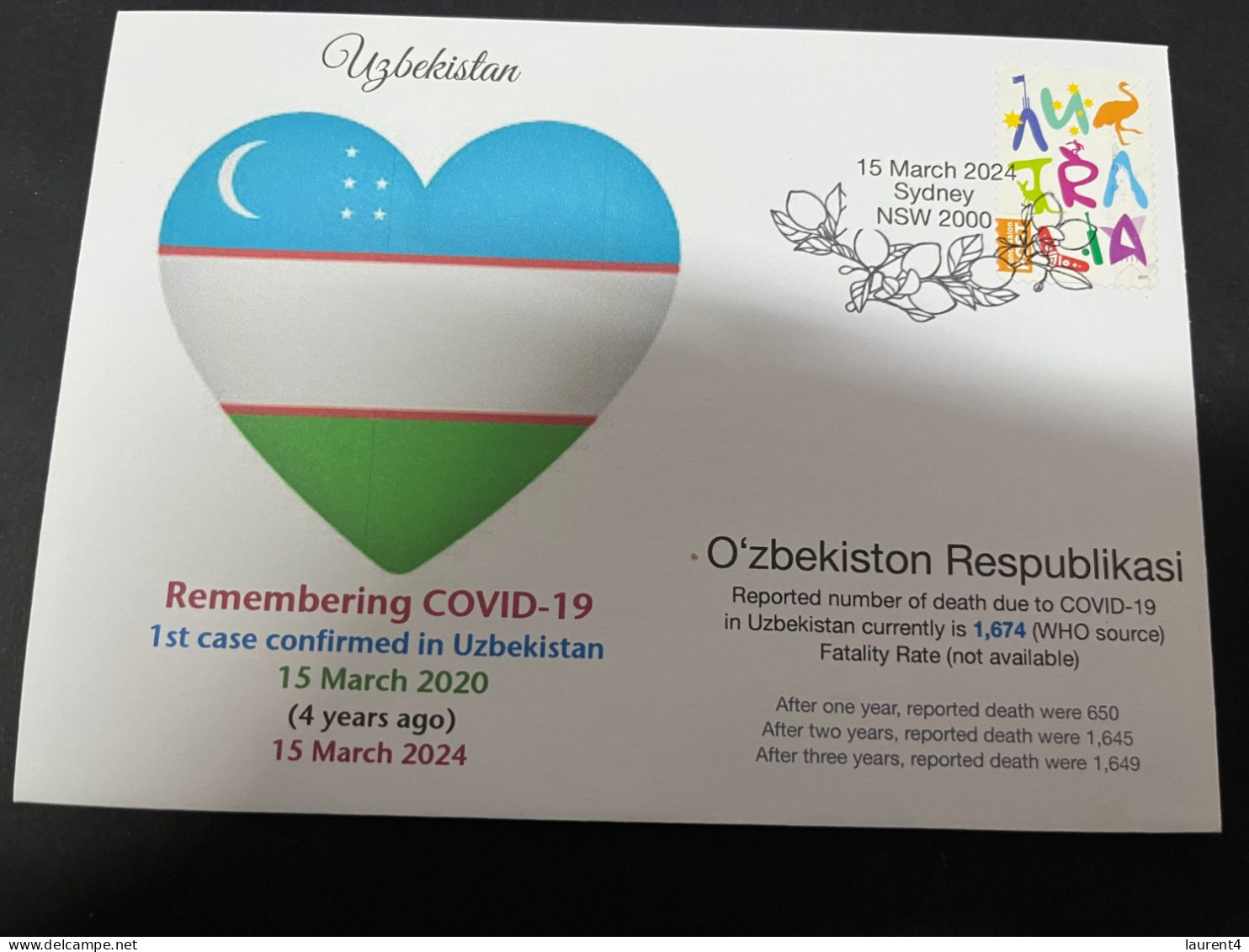 15-3-2024 (3 Y 7) COVID-19 4th Anniversary - Uzbekistan - 15 March 2024 (with Uzbekistan UN Flag Stamp) - Malattie