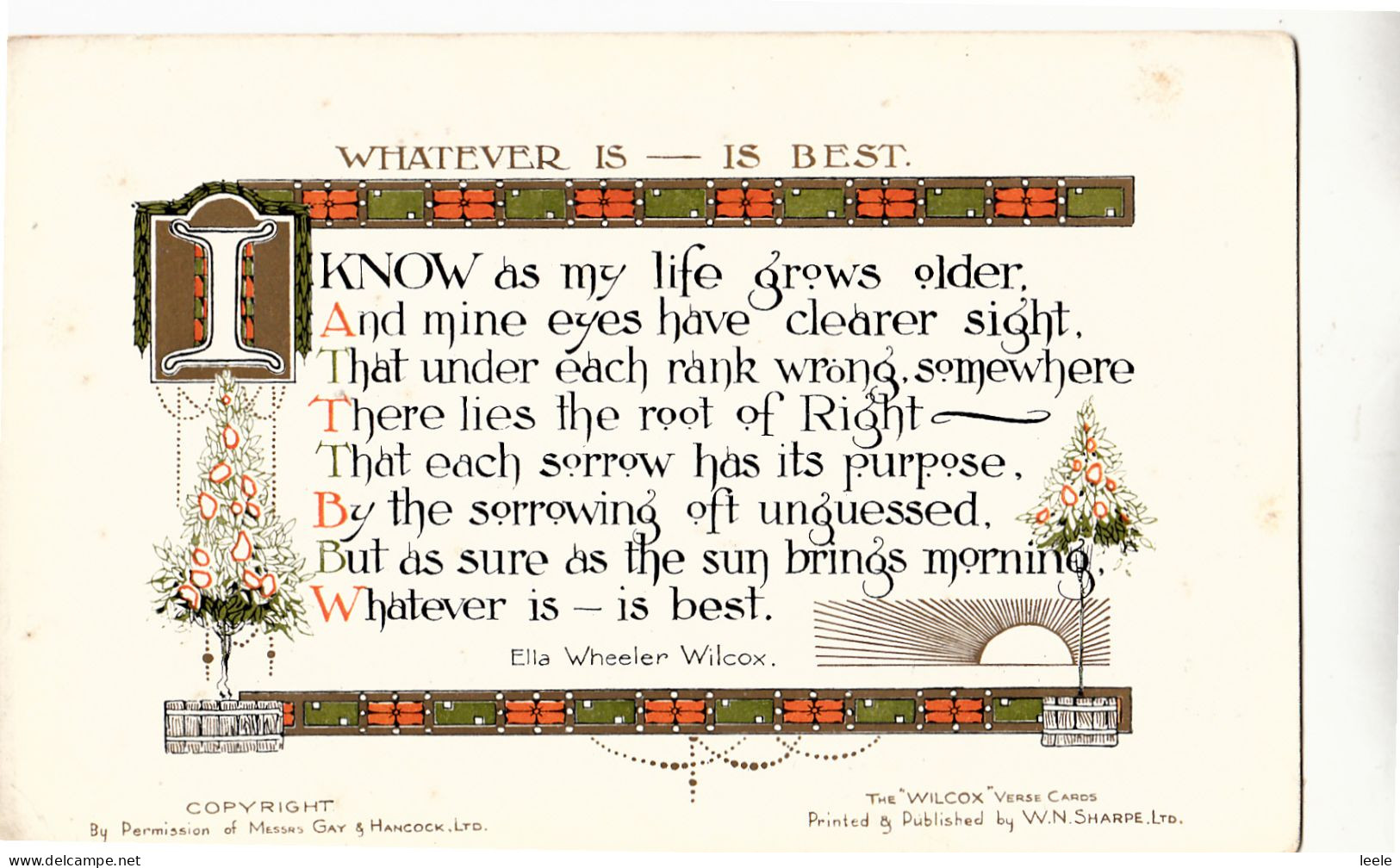 CE24. Vintage Postcard. Ella Wheeler Wilcox Verse Cards. Whatever Is - Is Best. - Philosophie & Pensées