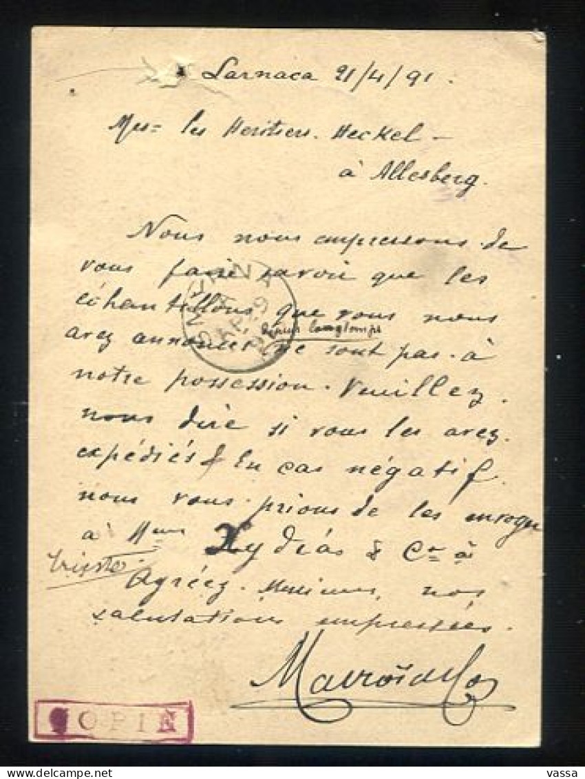 Cyprus  -1 Pi. Post Card Mailed From Larnaca In 1891 To Allersberg  Via British PO Of SMYRNA Stationery. Entier Germany - Chypre (...-1960)